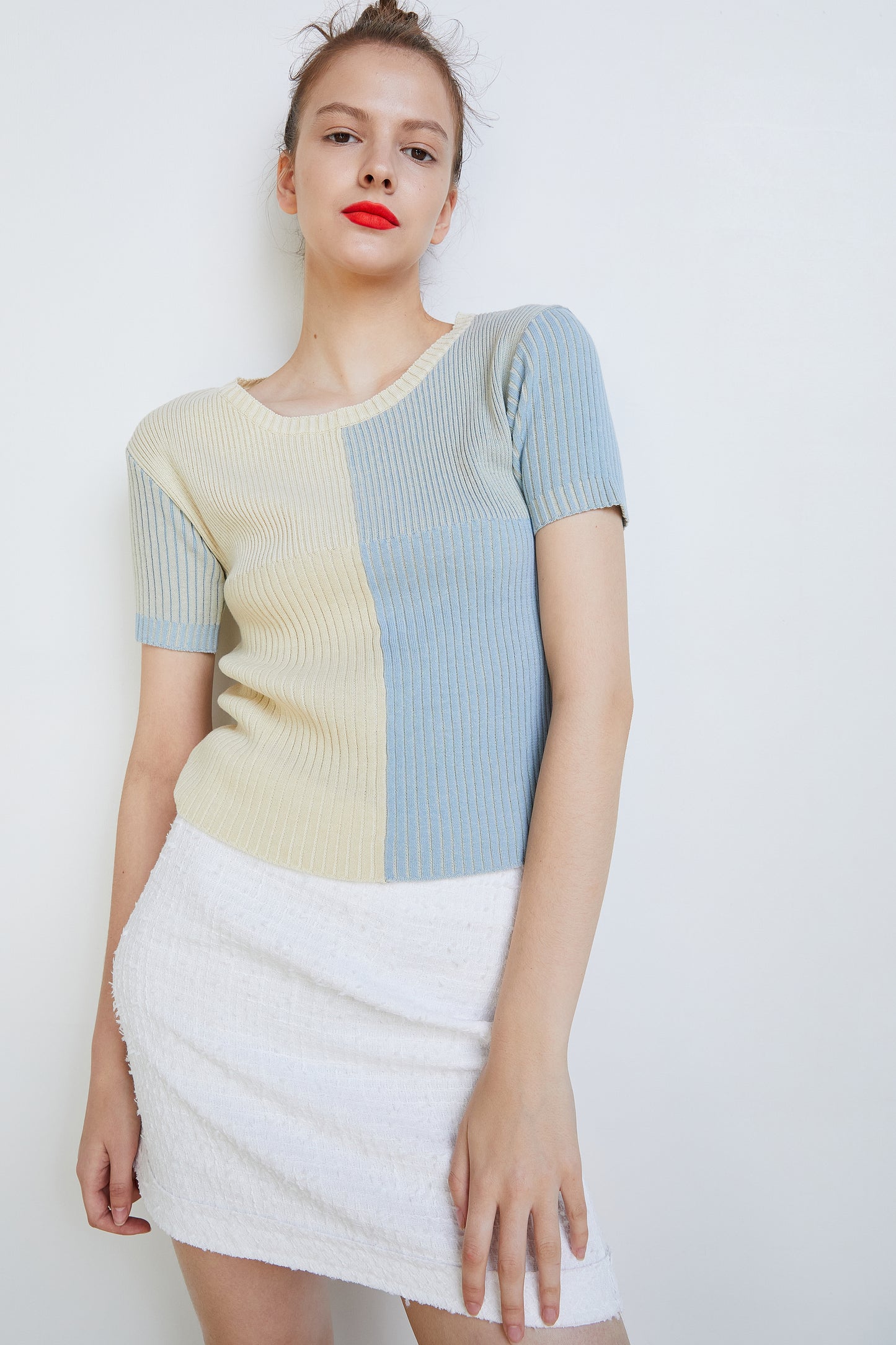 Colorblock Ribbed Knit Top, Blue