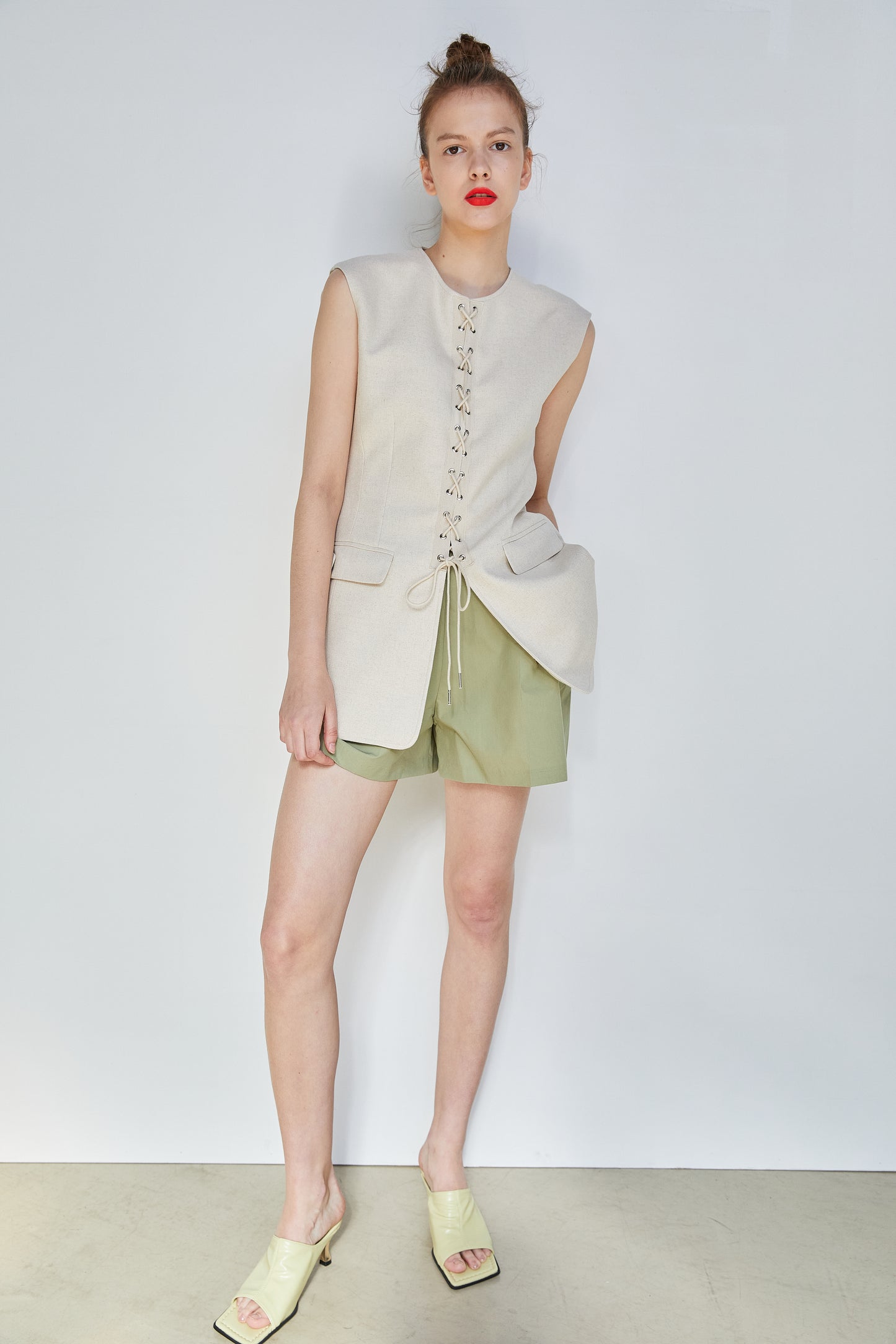 Lace-up Tie Front Linen Vest, Beige