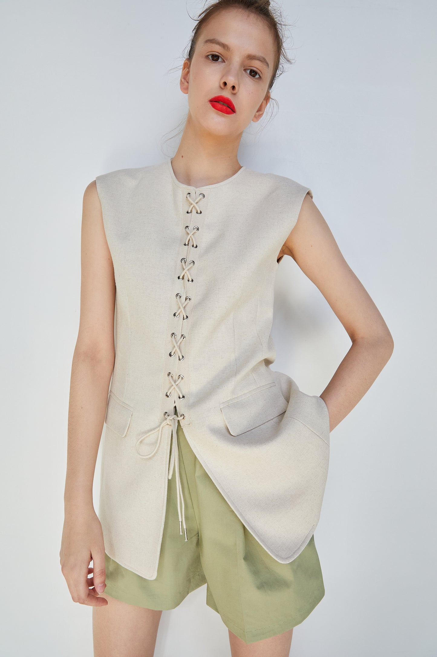 Lace-up Tie Front Linen Vest, Beige