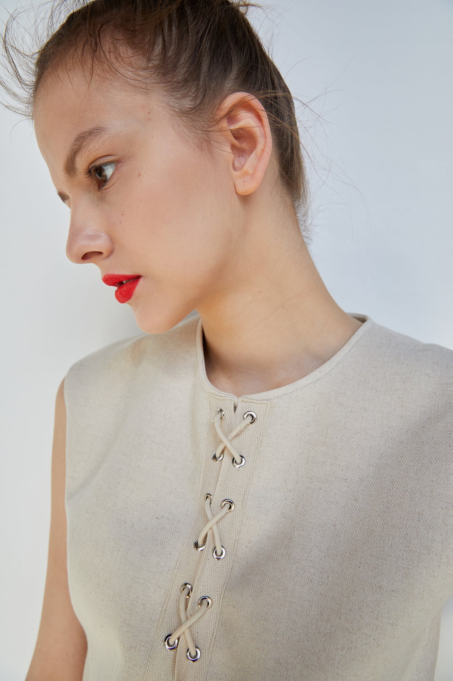 Lace-up Tie Front Linen Vest, Beige