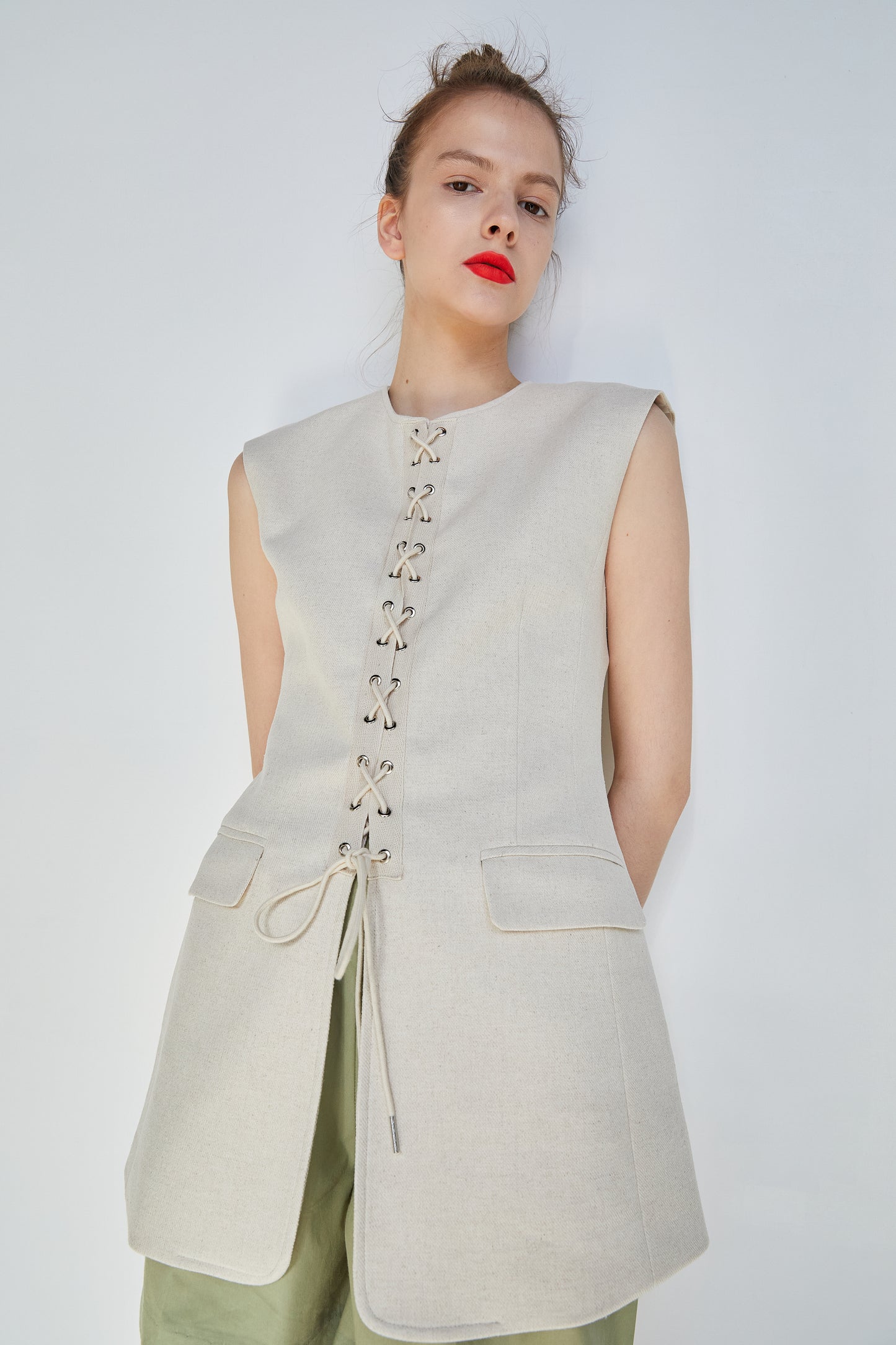 Lace-up Tie Front Linen Vest, Beige