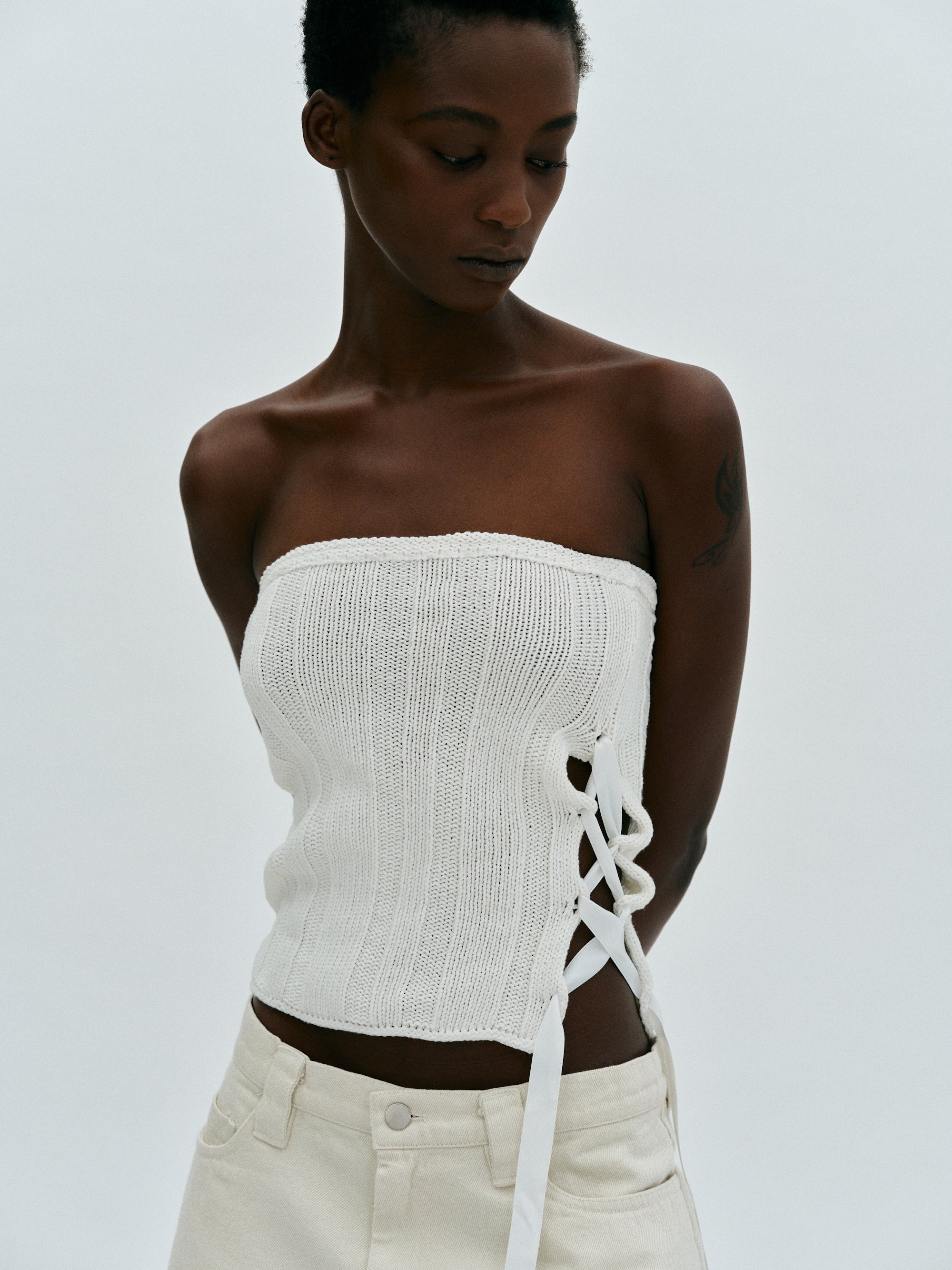 Lace-Up Bustier Knit, Ivory