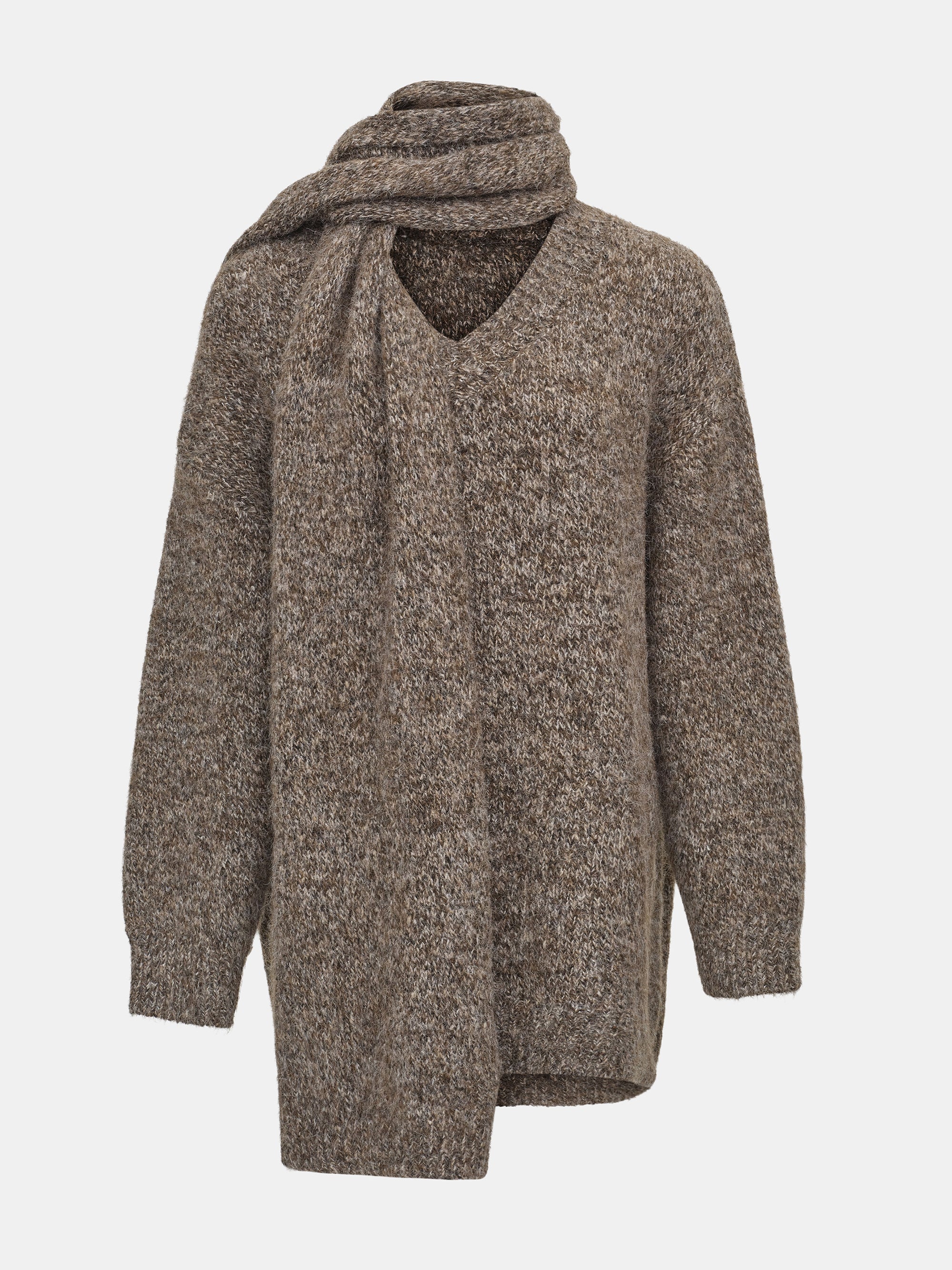 Melange Scarf V-Neck Pullover, Brown