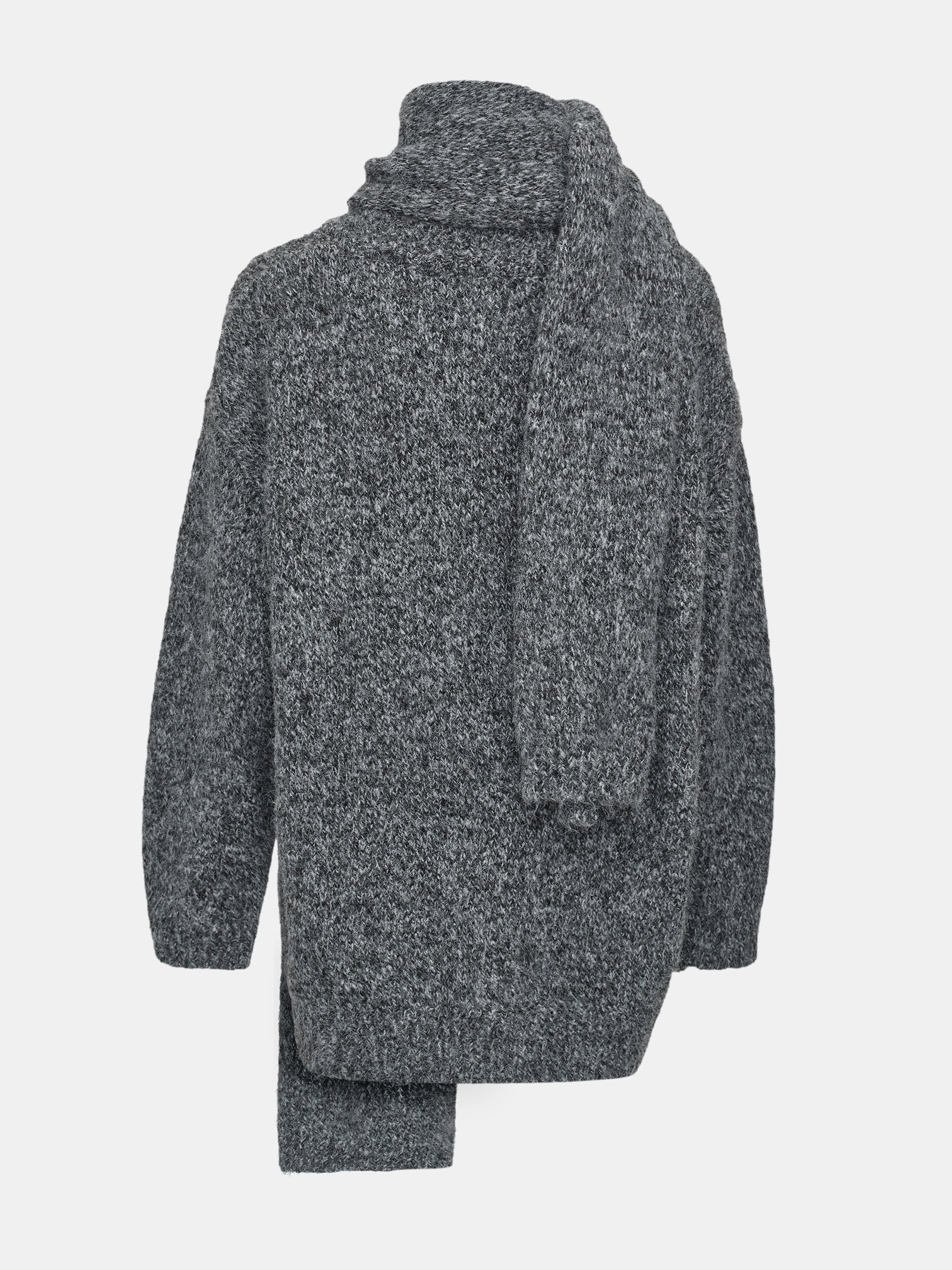 Melange Scarf V-Neck Pullover, Grey