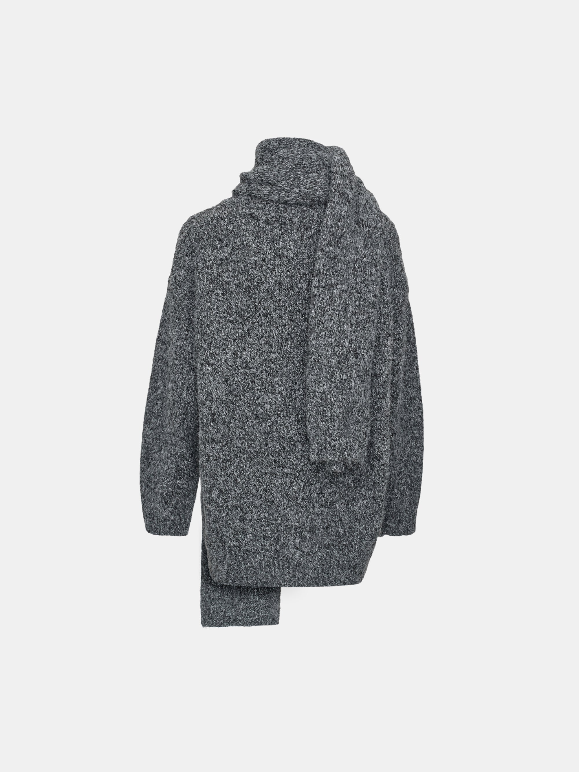 Melange Scarf V-Neck Pullover, Grey
