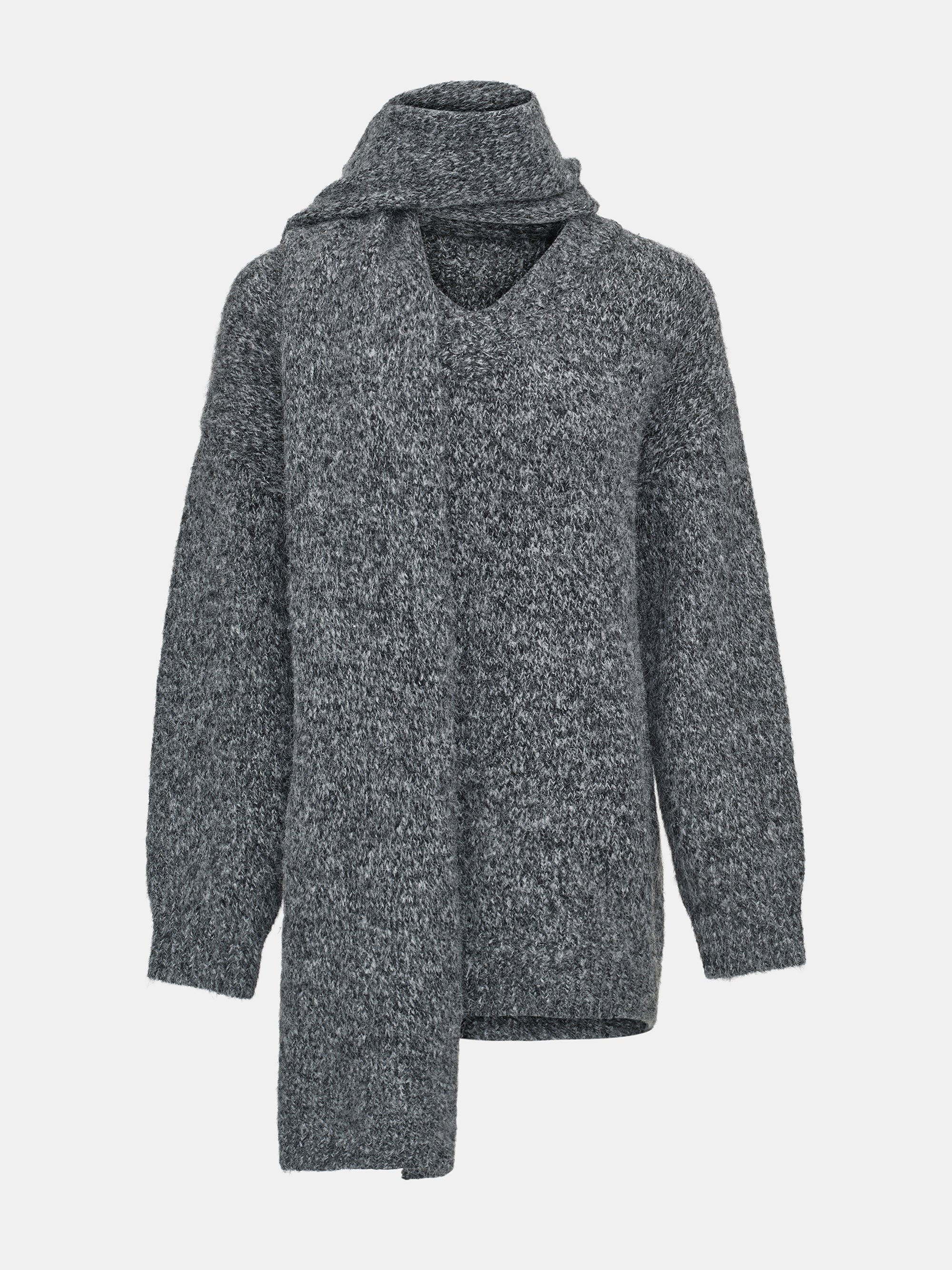 Melange Scarf V-Neck Pullover, Grey