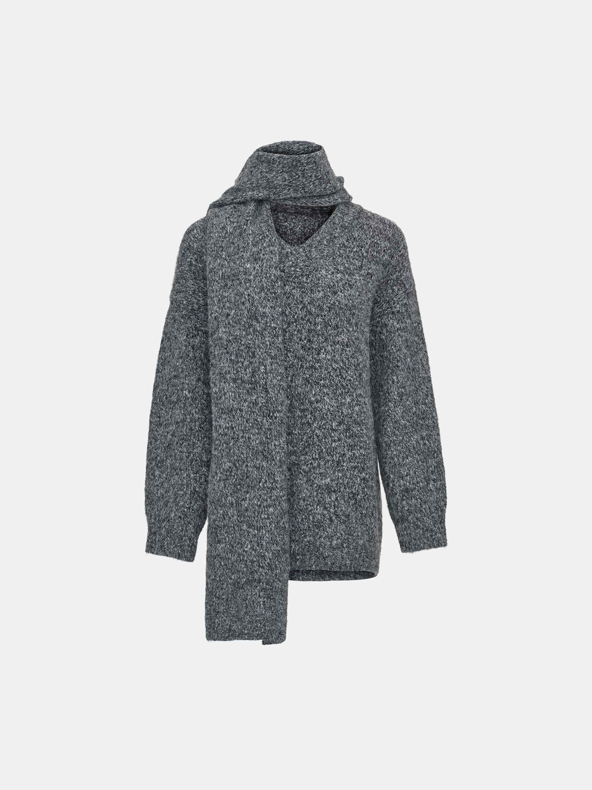 Melange Scarf V-Neck Pullover, Grey