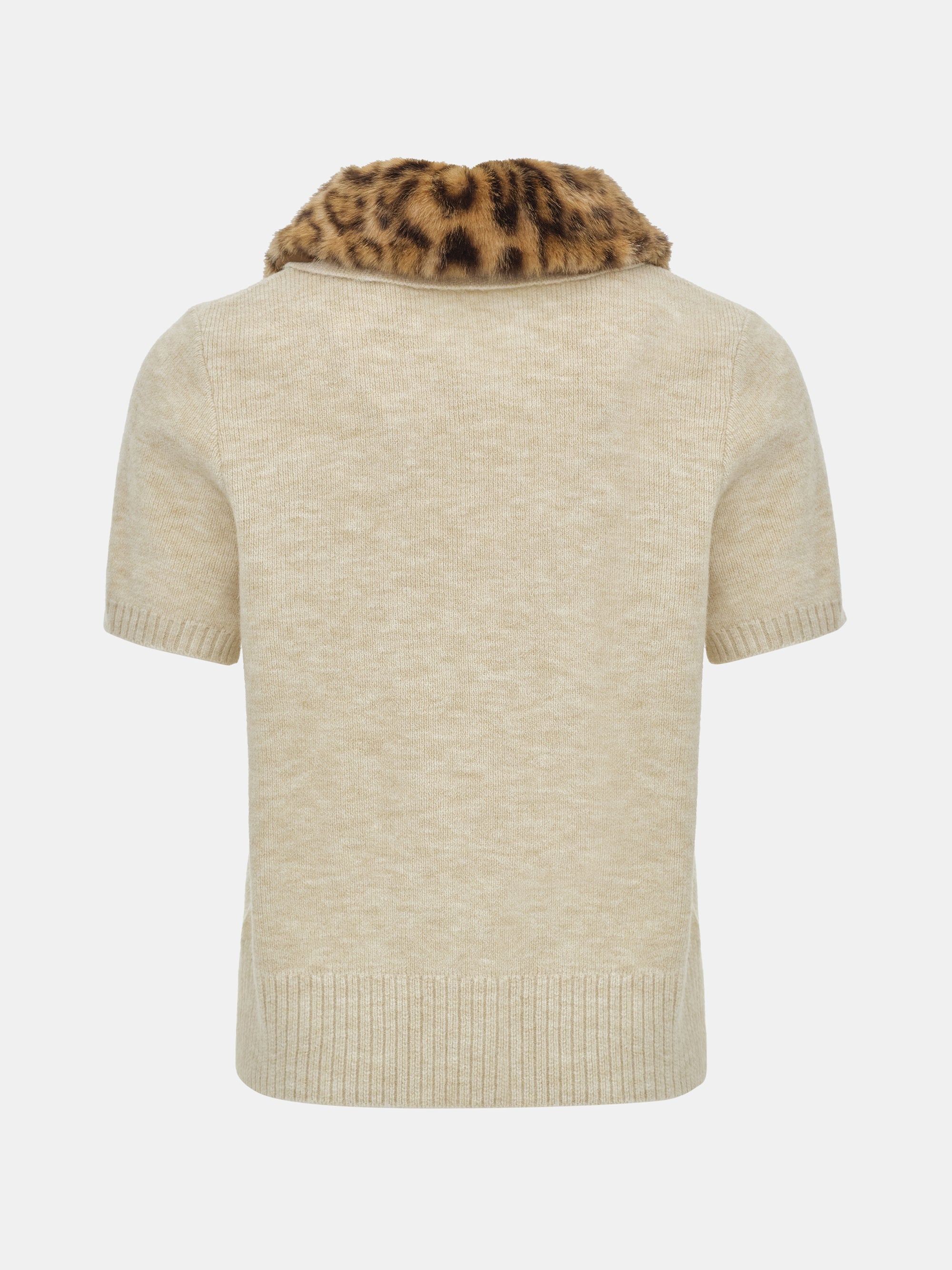 Faux-Fur Collar Knit Top, Beige