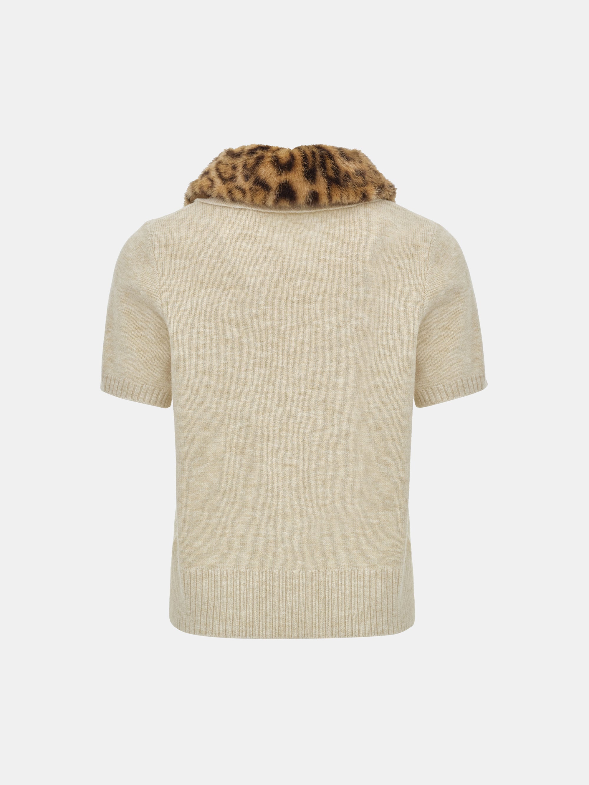 Faux-Fur Collar Knit Top, Beige