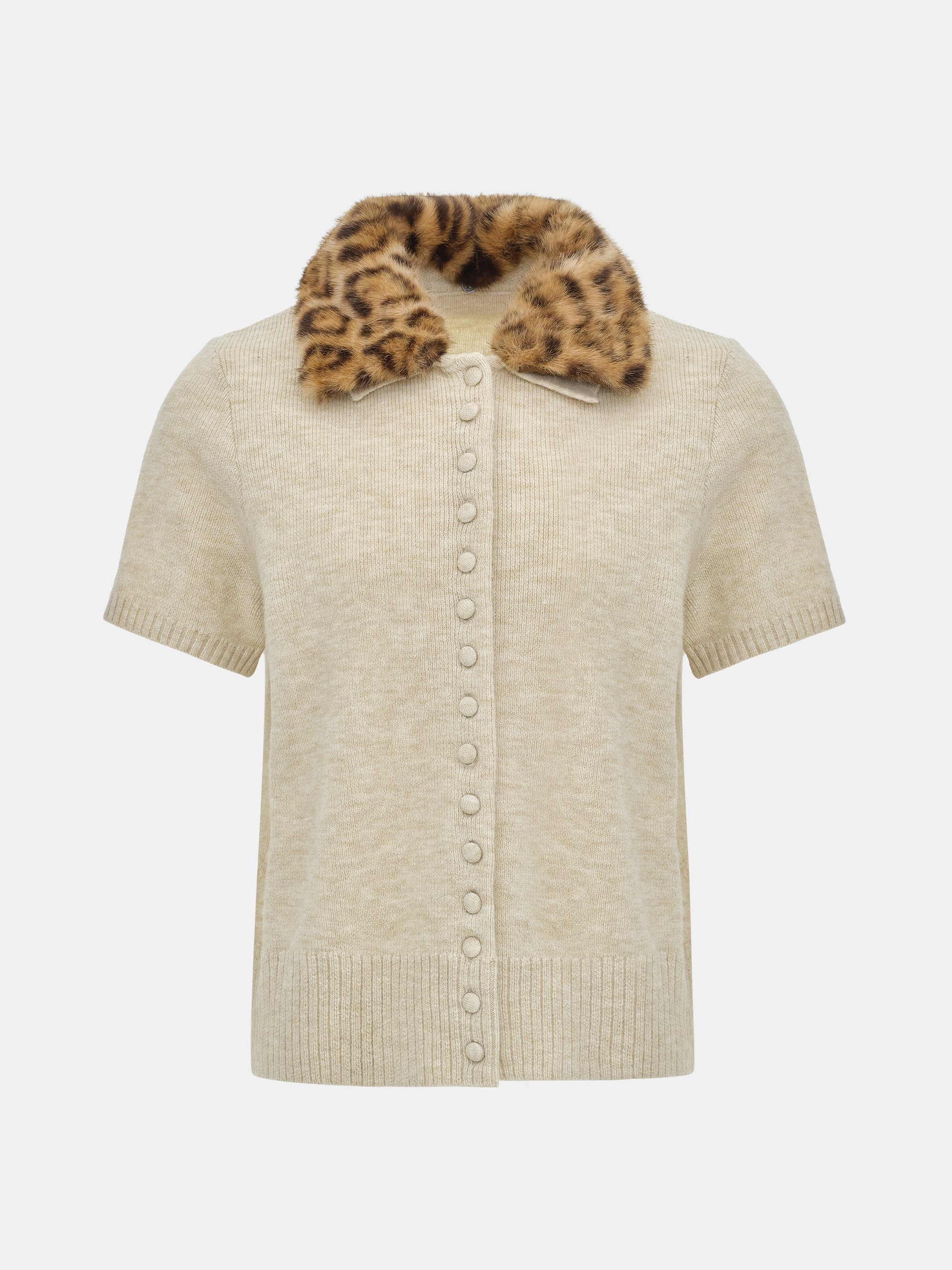 Faux-Fur Collar Knit Top, Beige