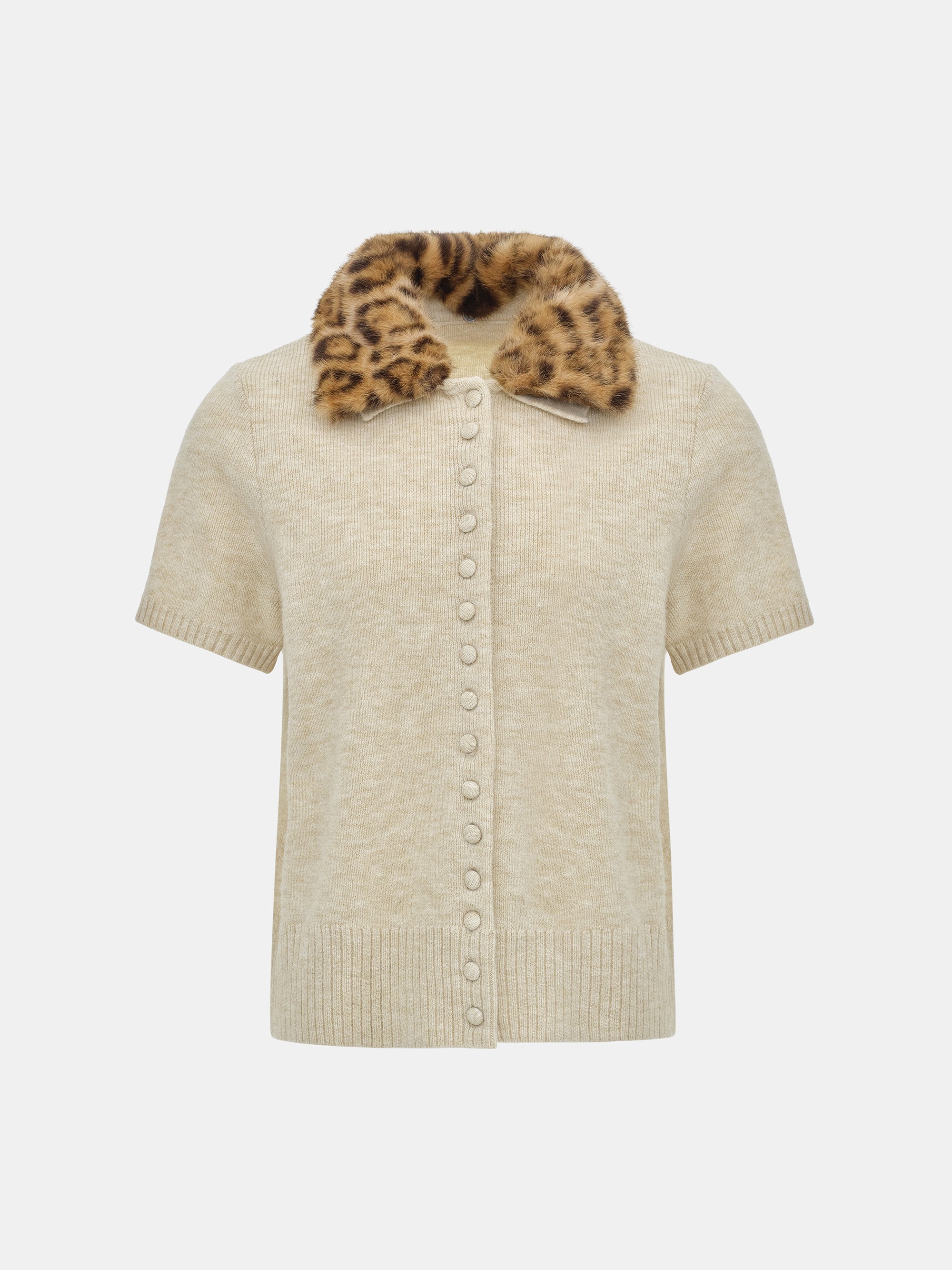 Faux-Fur Collar Knit Top, Beige