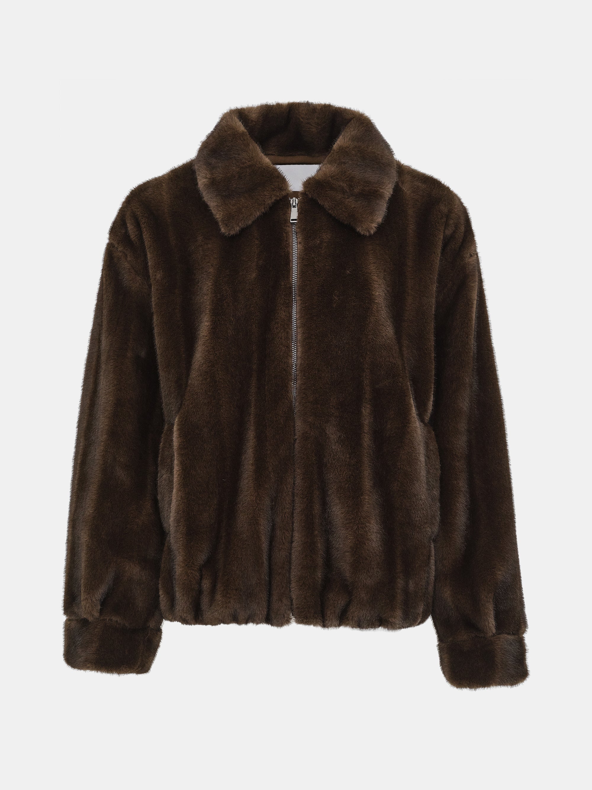 Faux-Fur Zip Bomber Jacket, Brown