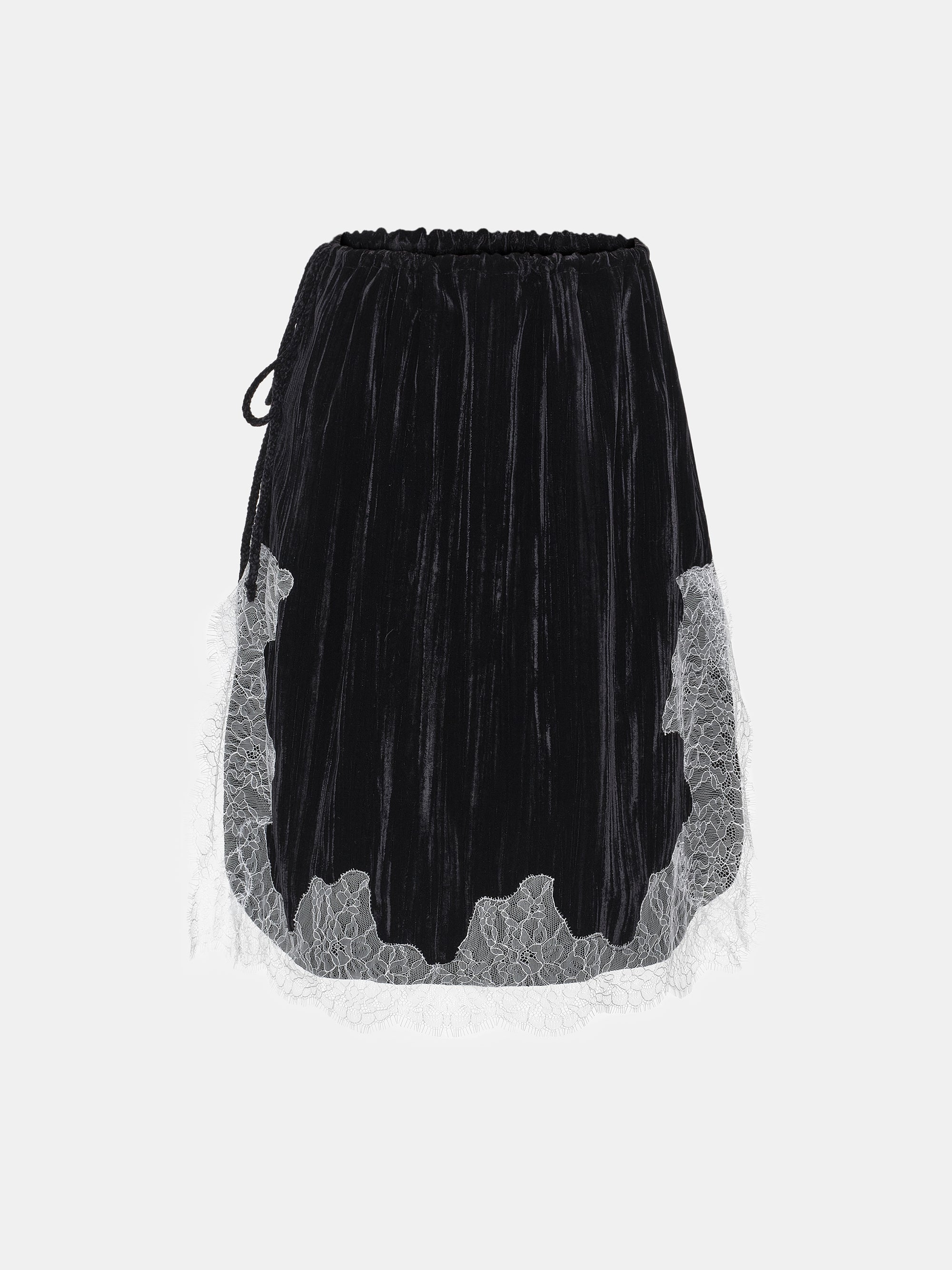 Lace-Trimmed Velvet Skirt, Black