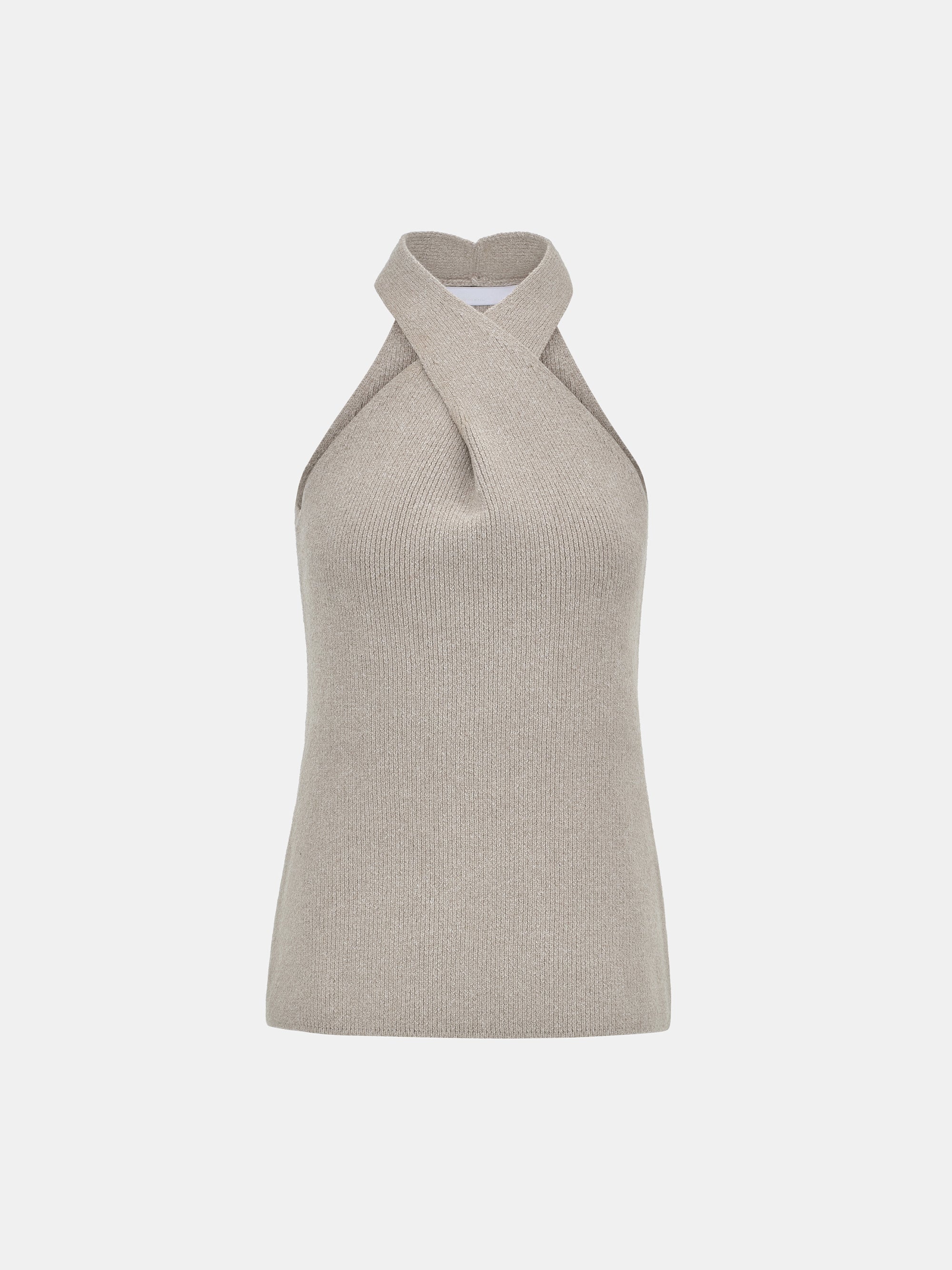 Criss-Cross Halter Knit Top, Beige