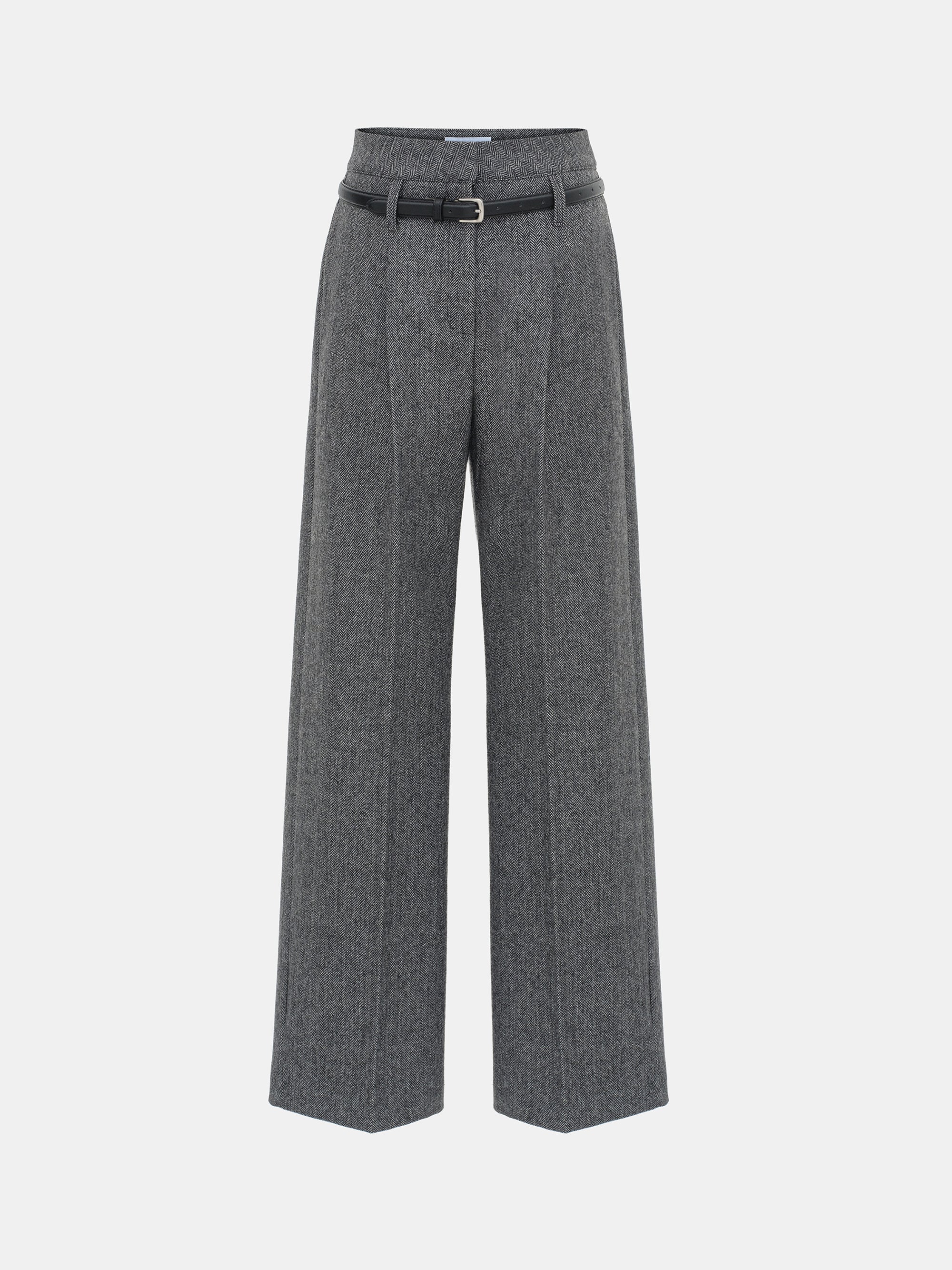 Belted Herringbone Trousers, Black
