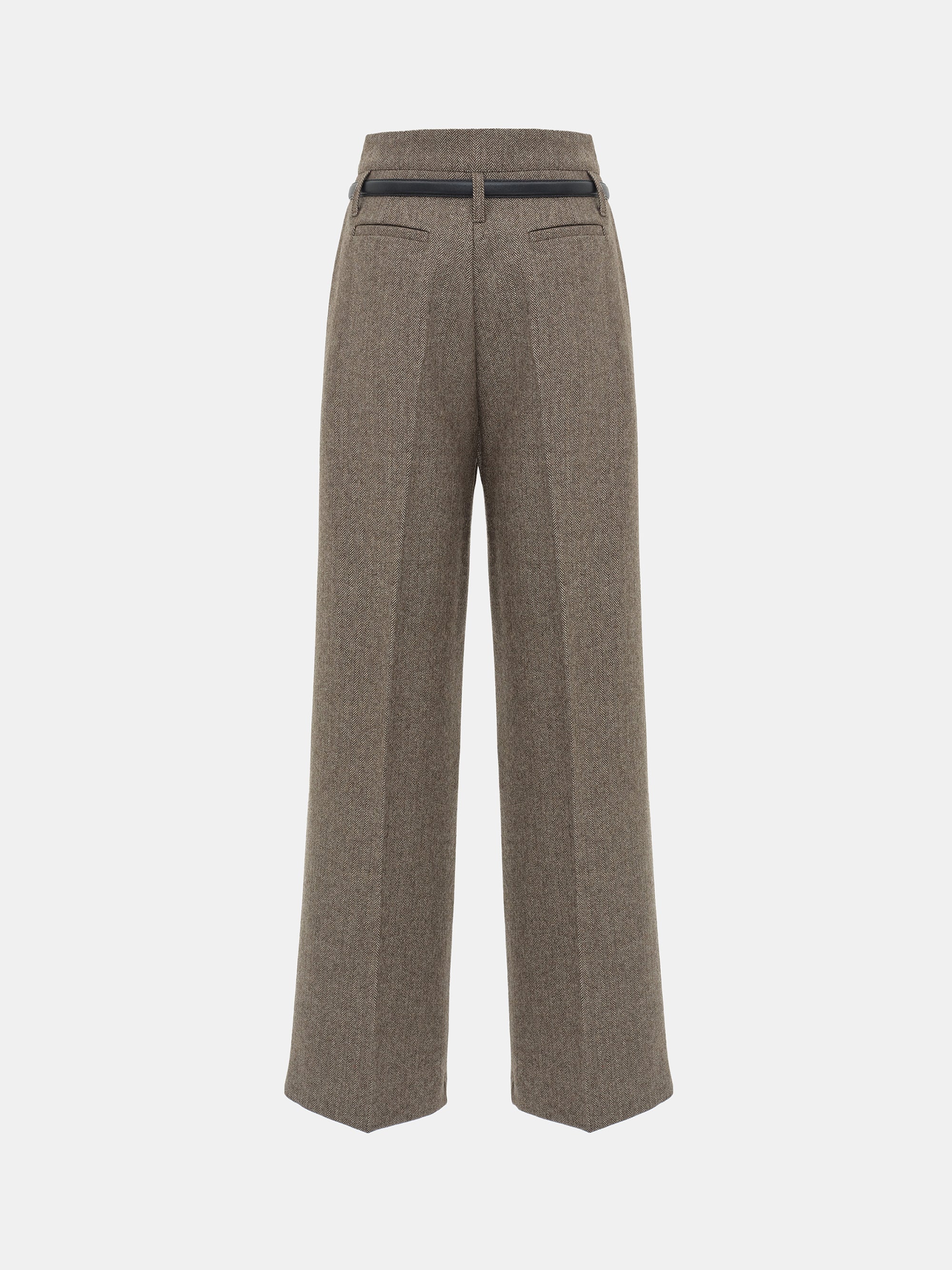 Belted Herringbone Trousers, Brown
