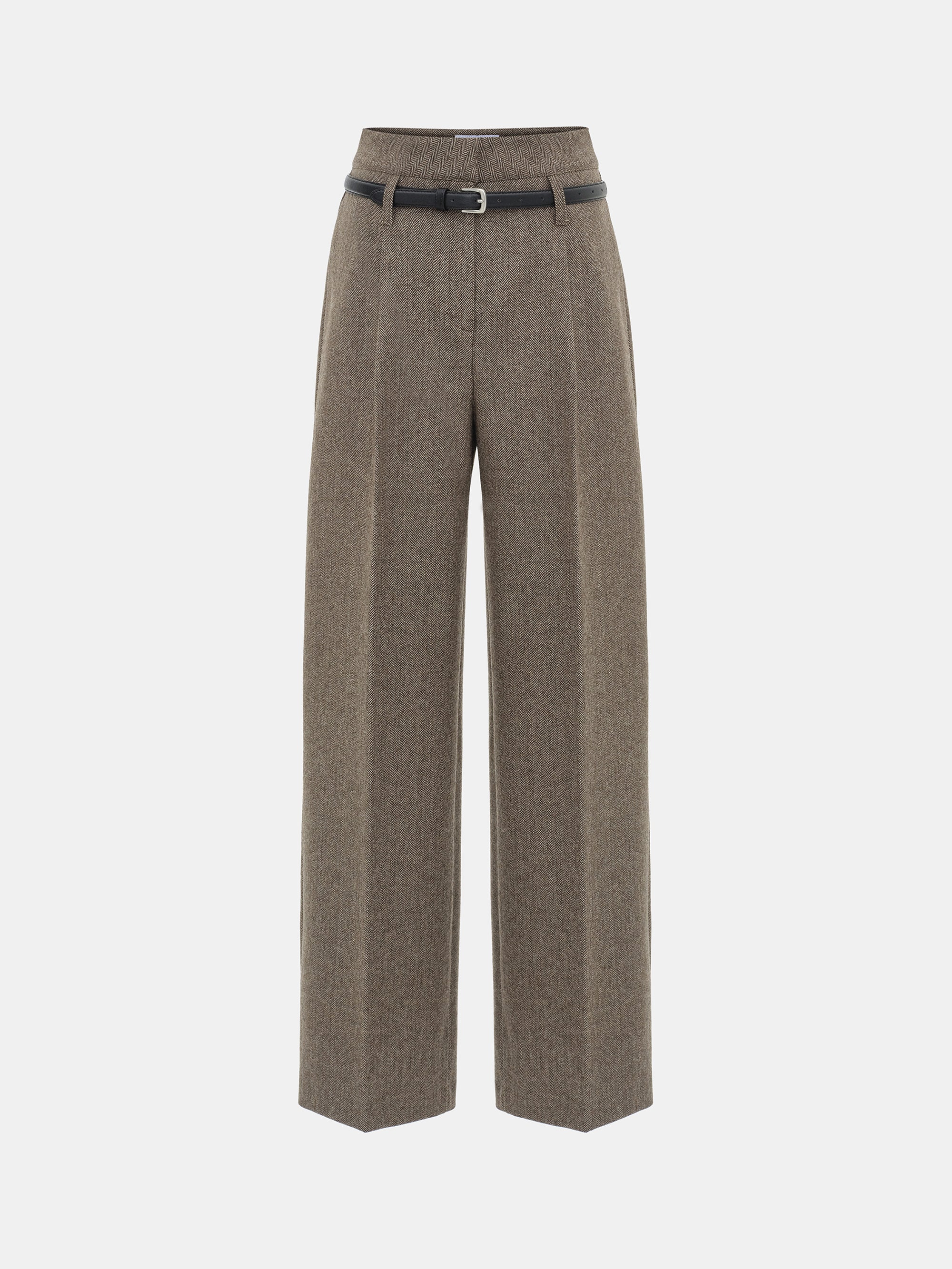 Belted Herringbone Trousers, Brown