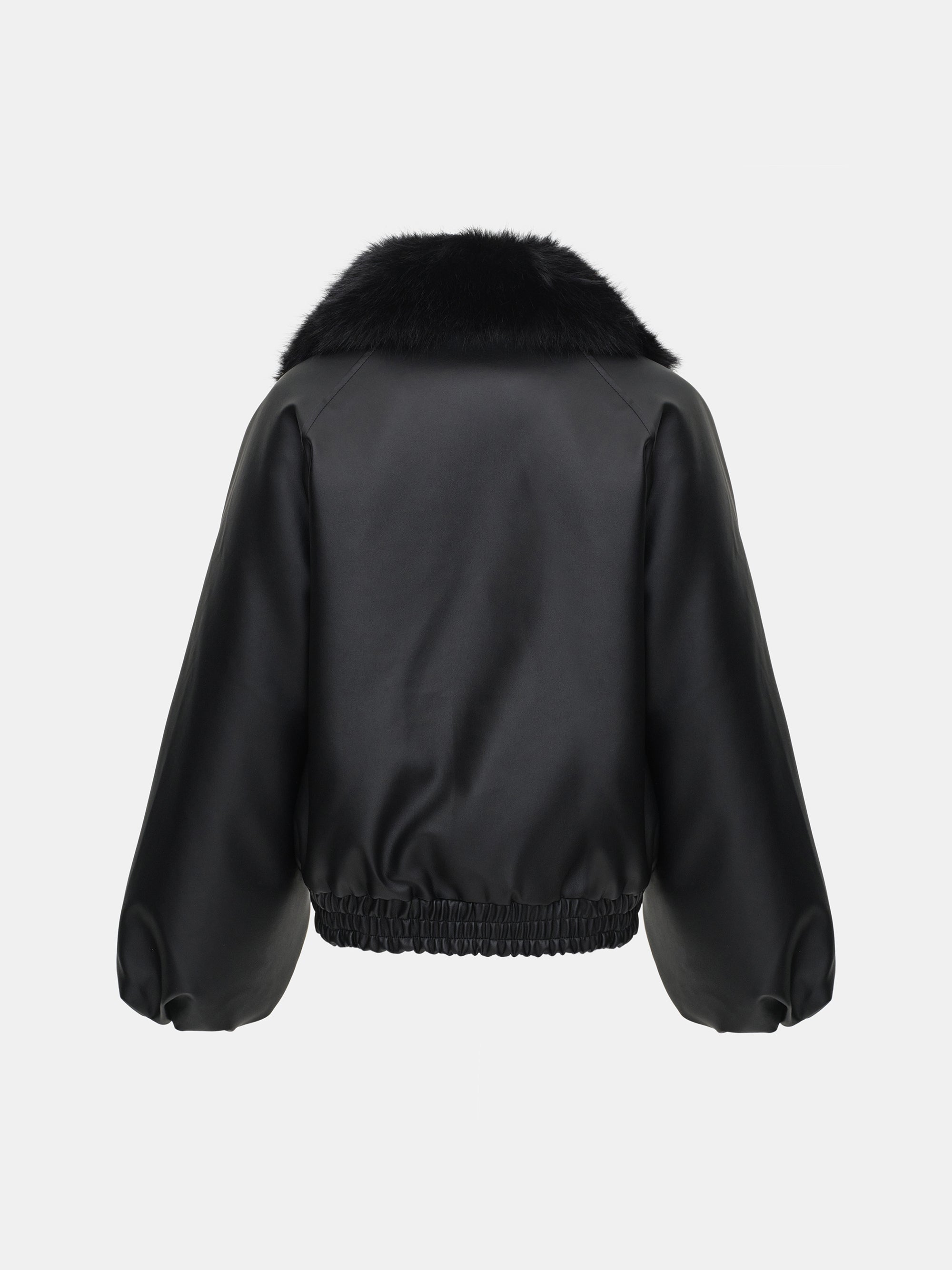 Faux Collar Leather Bomber, Black