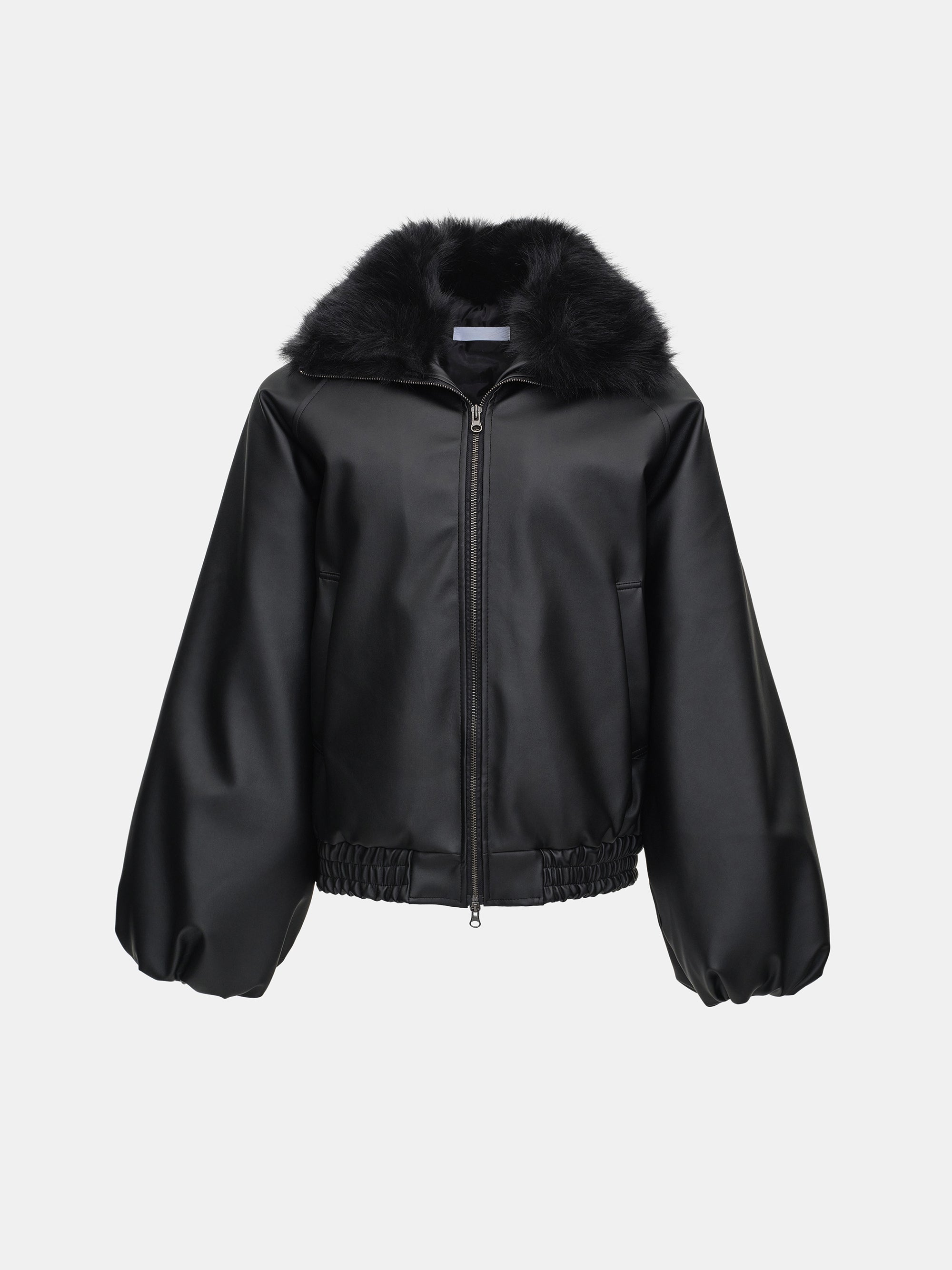 Faux Collar Leather Bomber, Black
