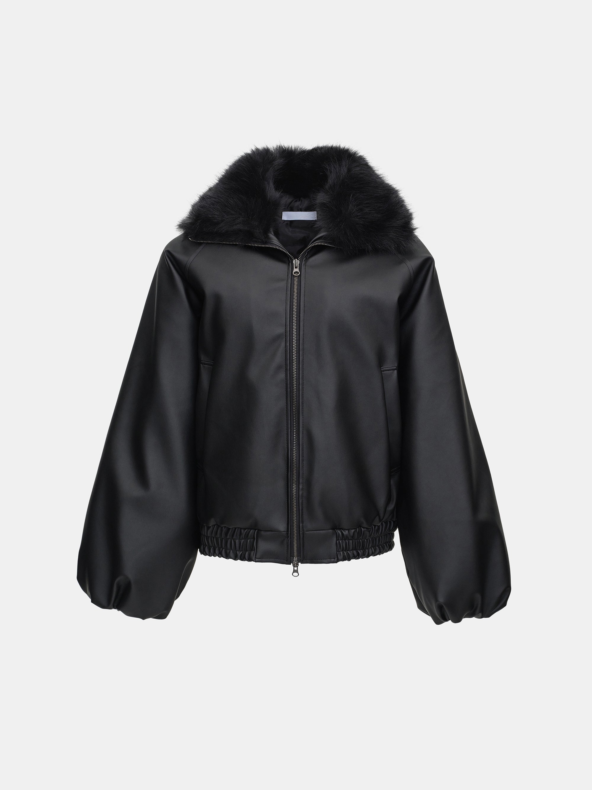 Faux Collar Leather Bomber, Black