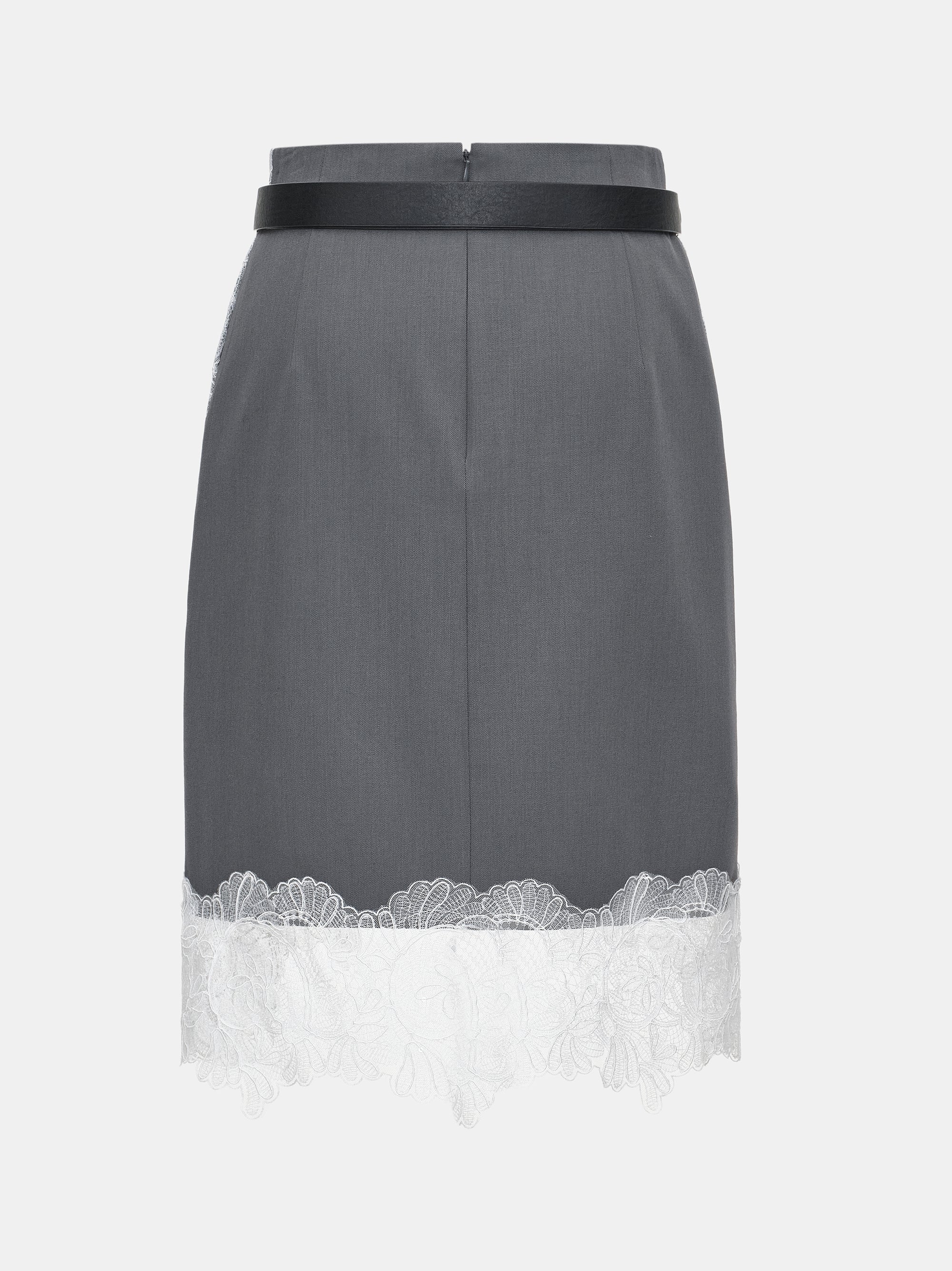 Lace-Panel Belted Skirt, Grey