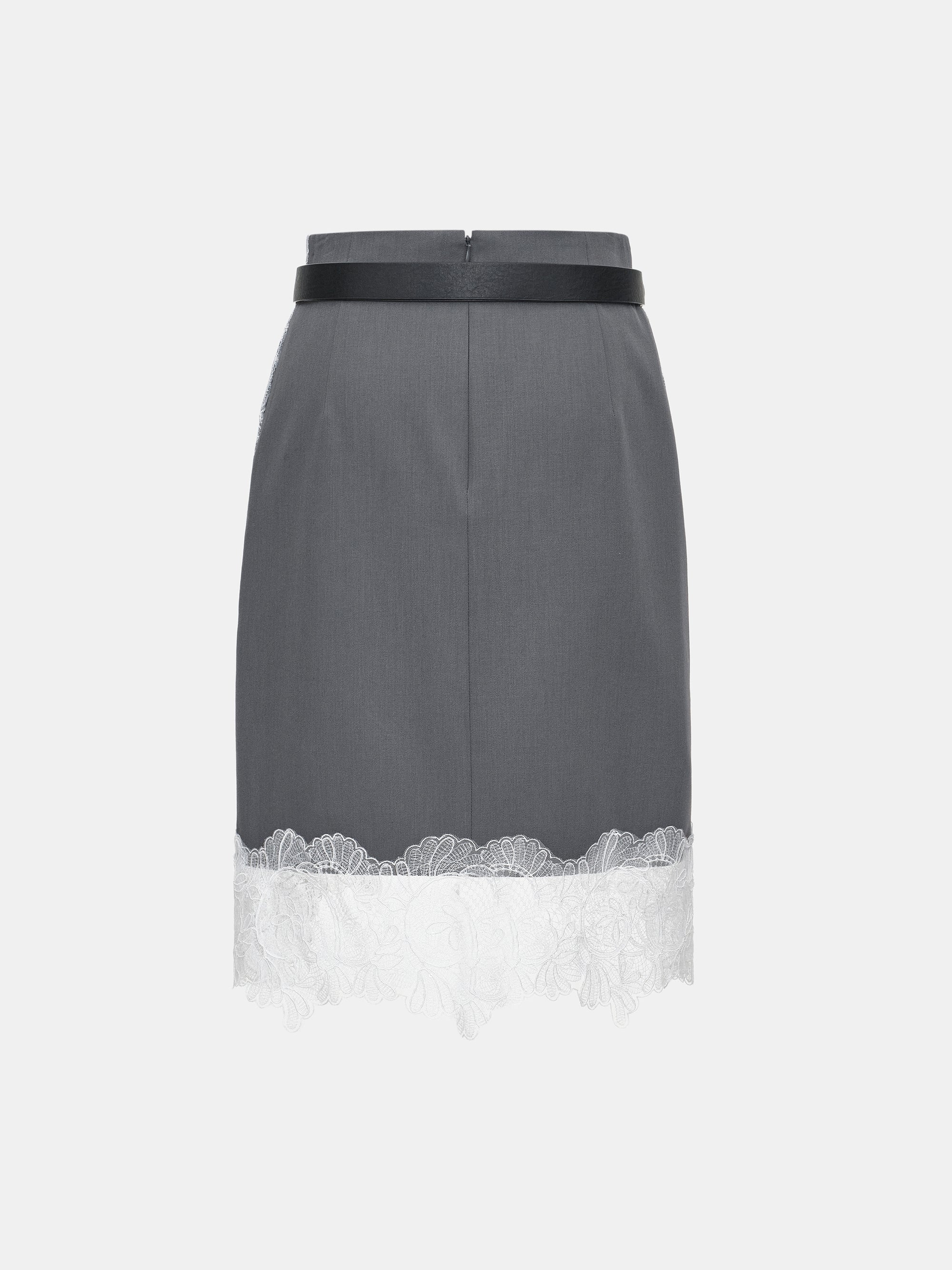 Lace-Panel Belted Skirt, Grey