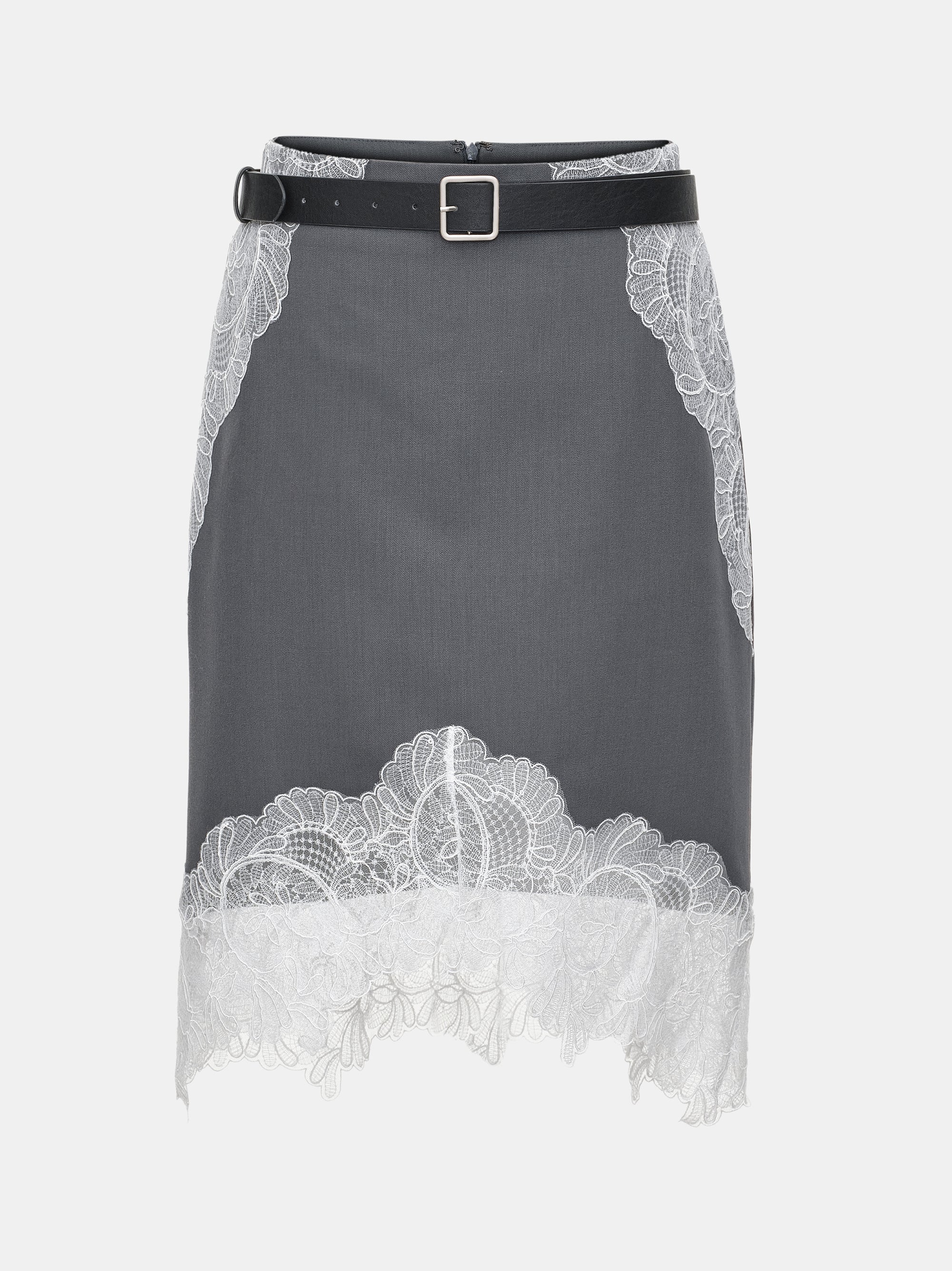 Lace-Panel Belted Skirt, Grey