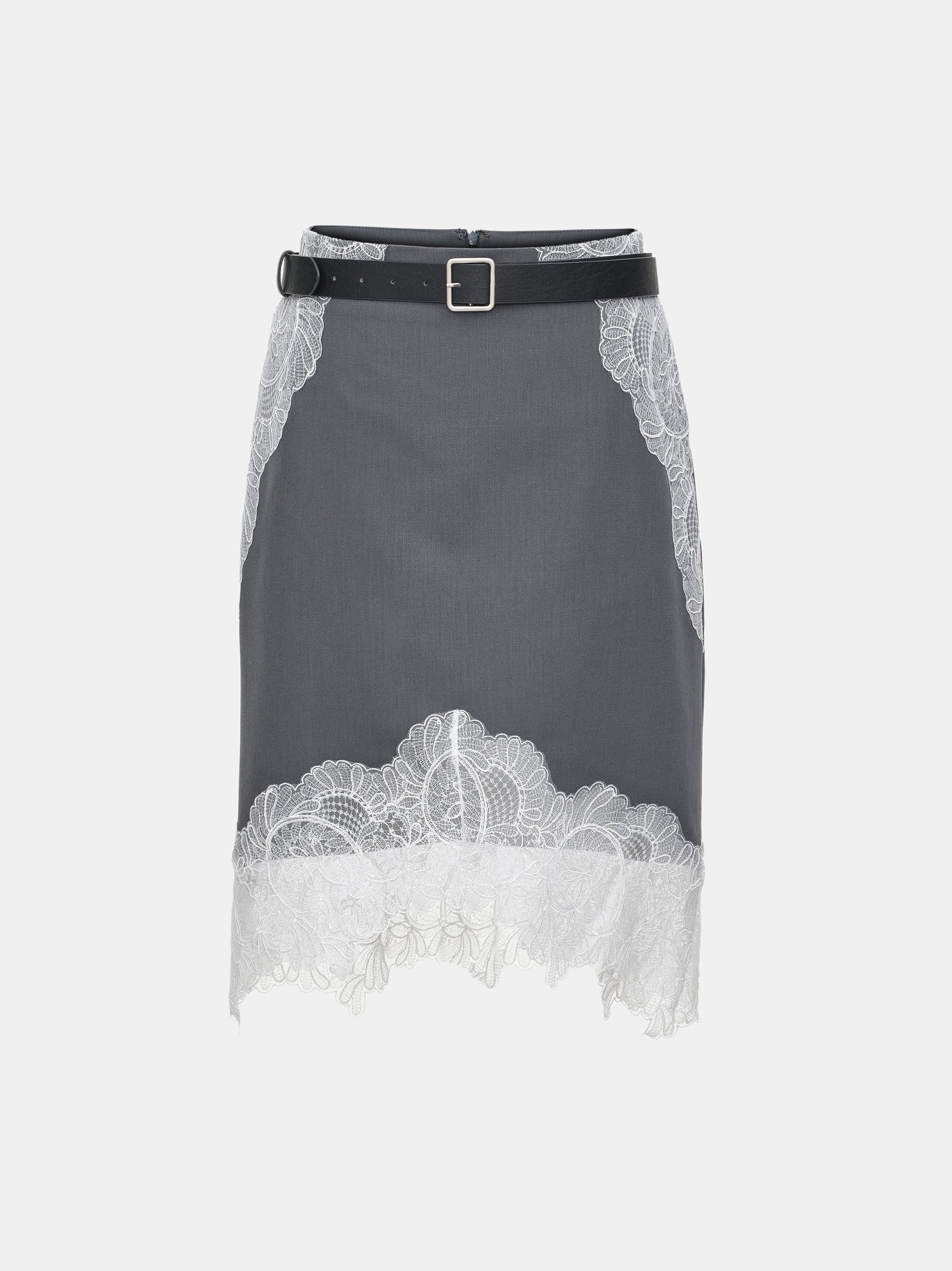 Lace-Panel Belted Skirt, Grey
