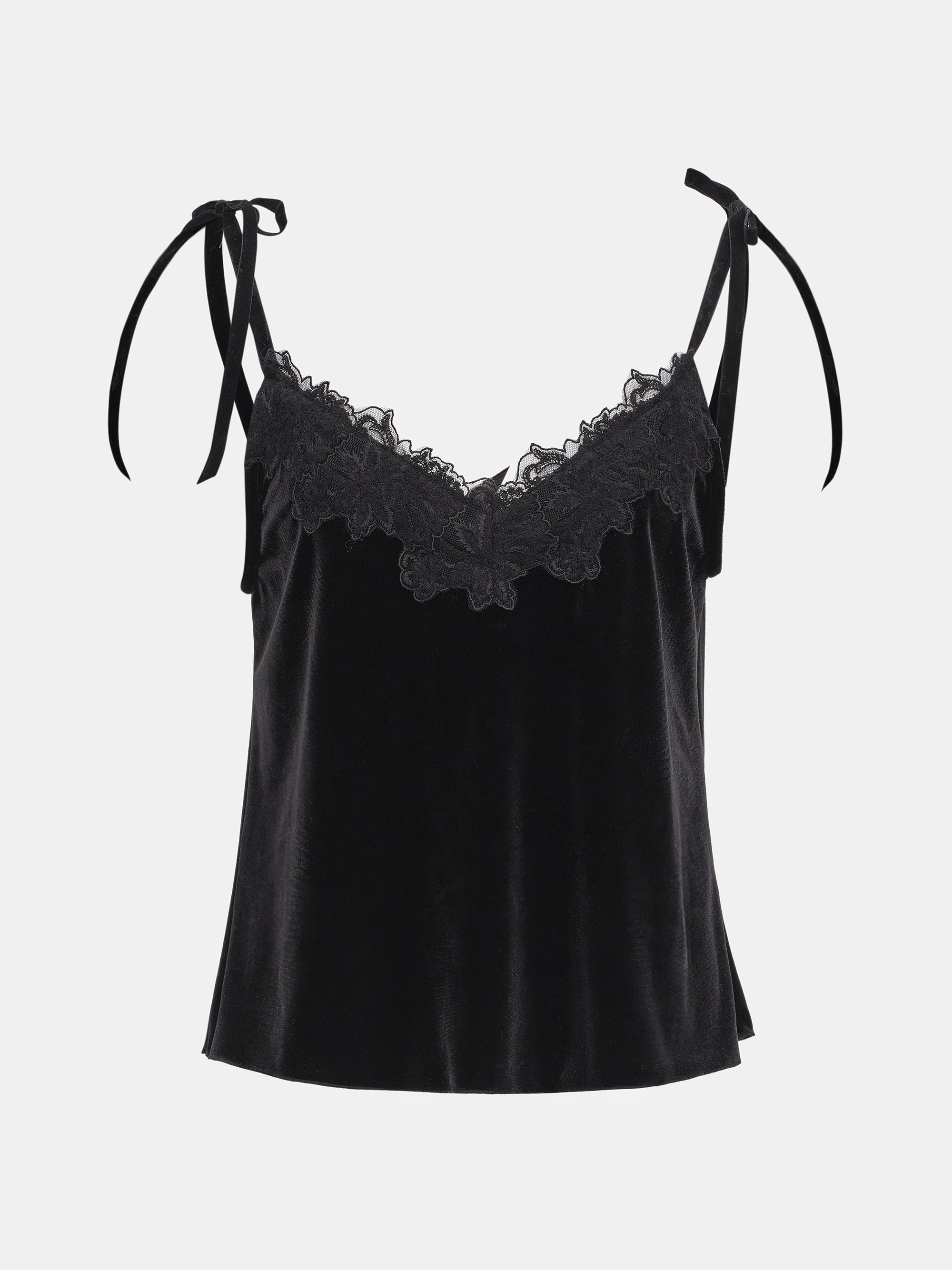Lace-Trimmed Velvet Top, Black