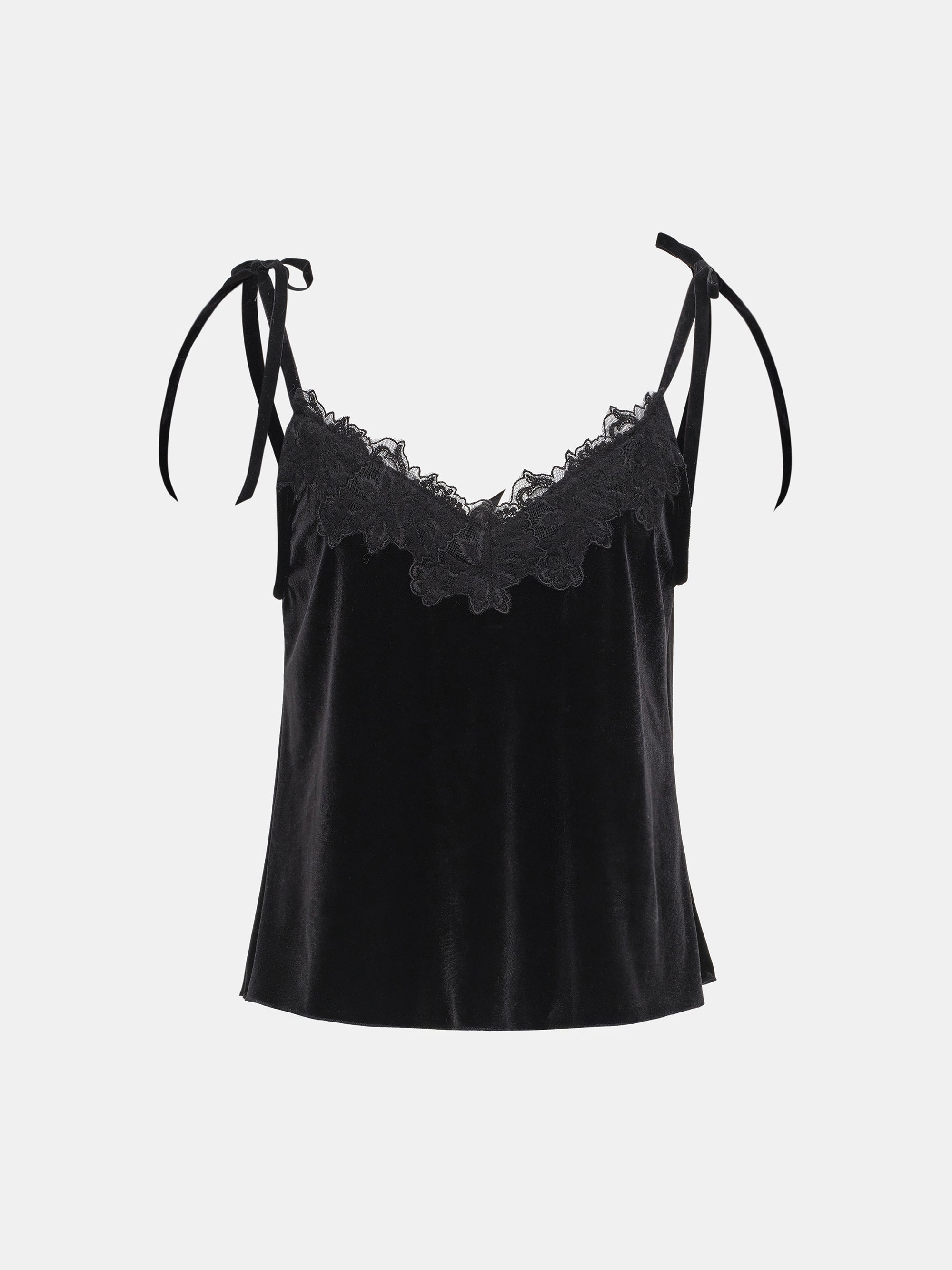Lace-Trimmed Velvet Top, Black