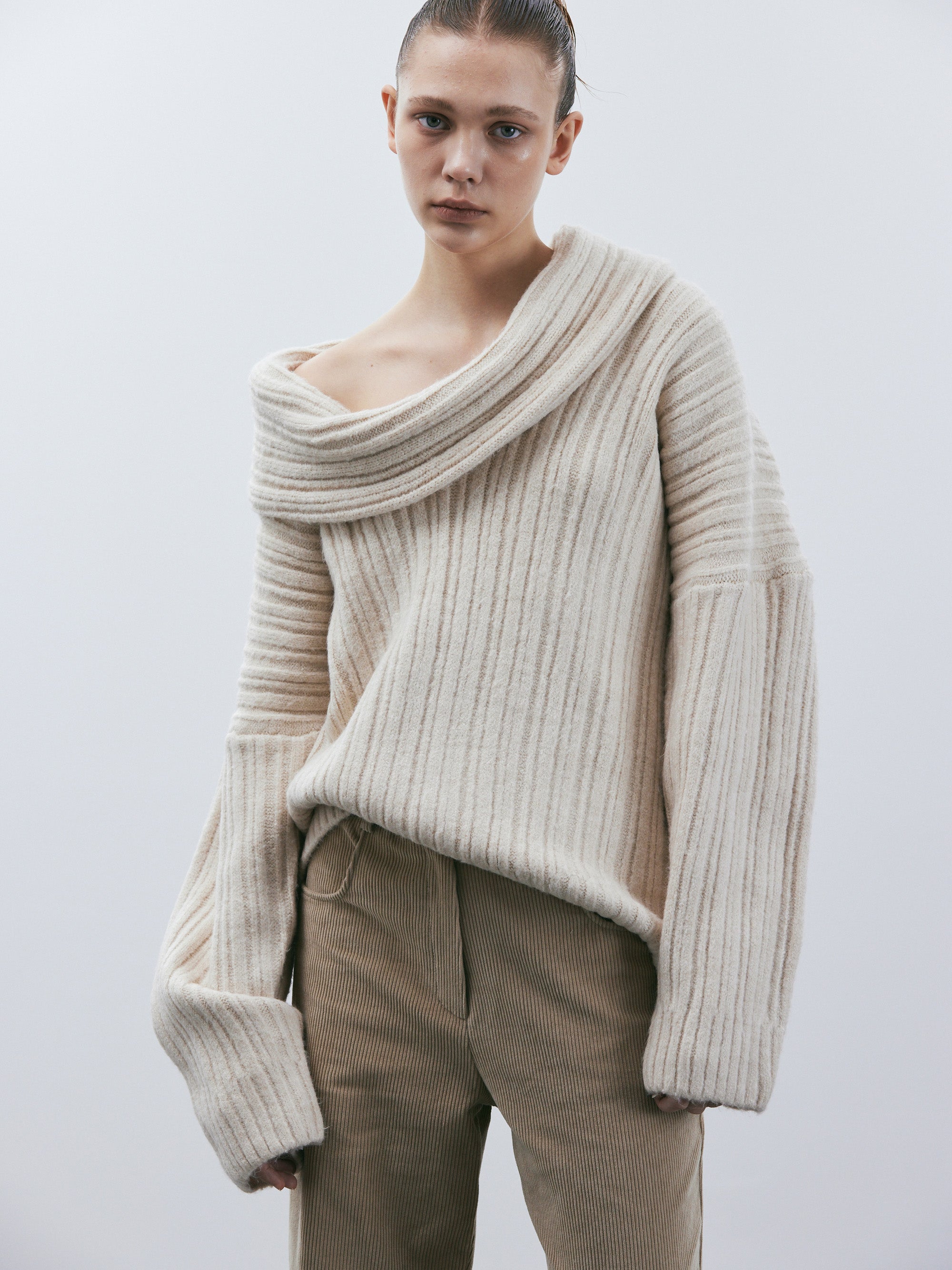 Becca Oversized High Roll Knit Pullover, Birch SourceUnknown