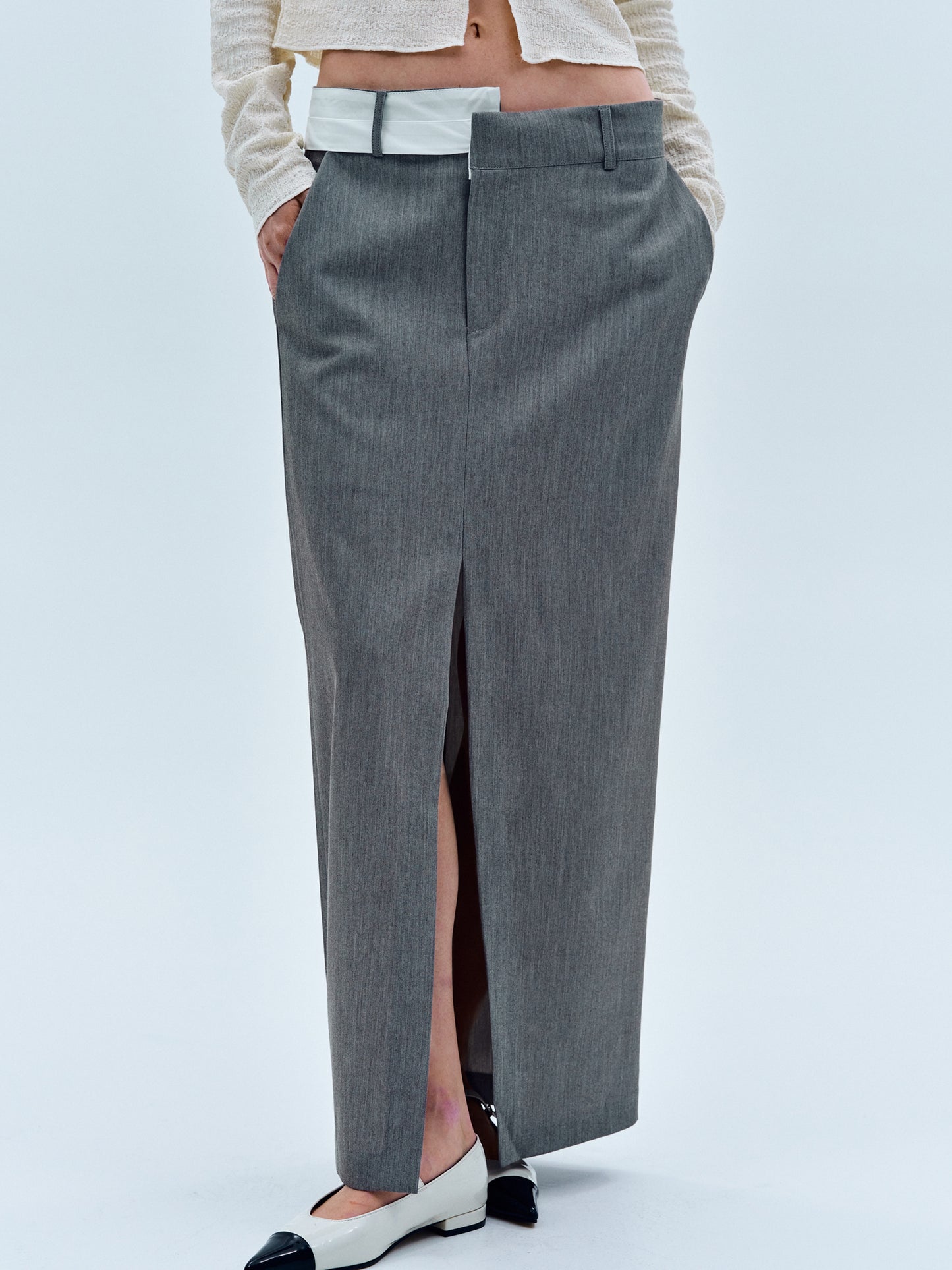 Asymmetric Waistband Slit Skirt, Gray
