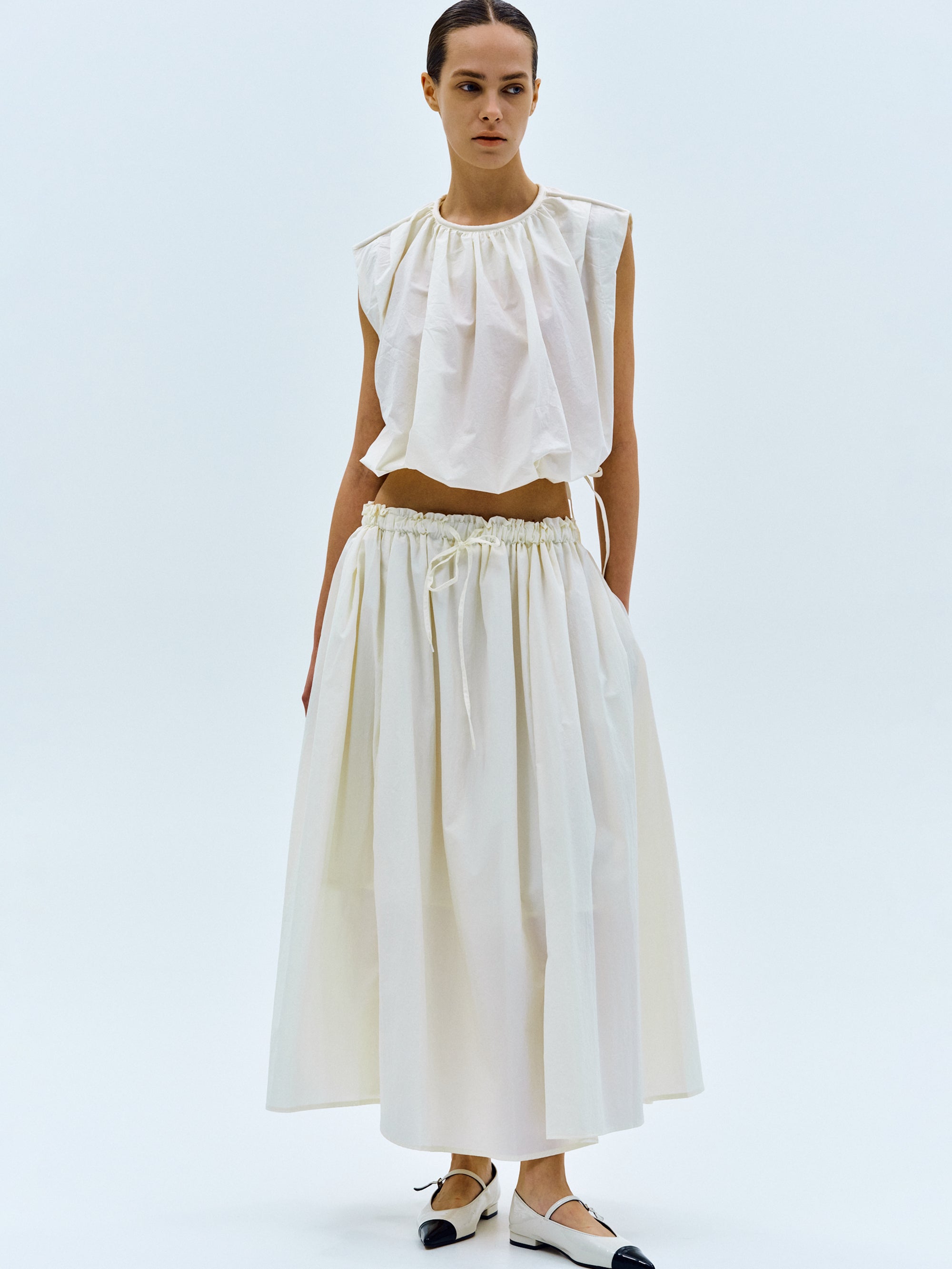 Poplin Drawstring Skirt, Ivory