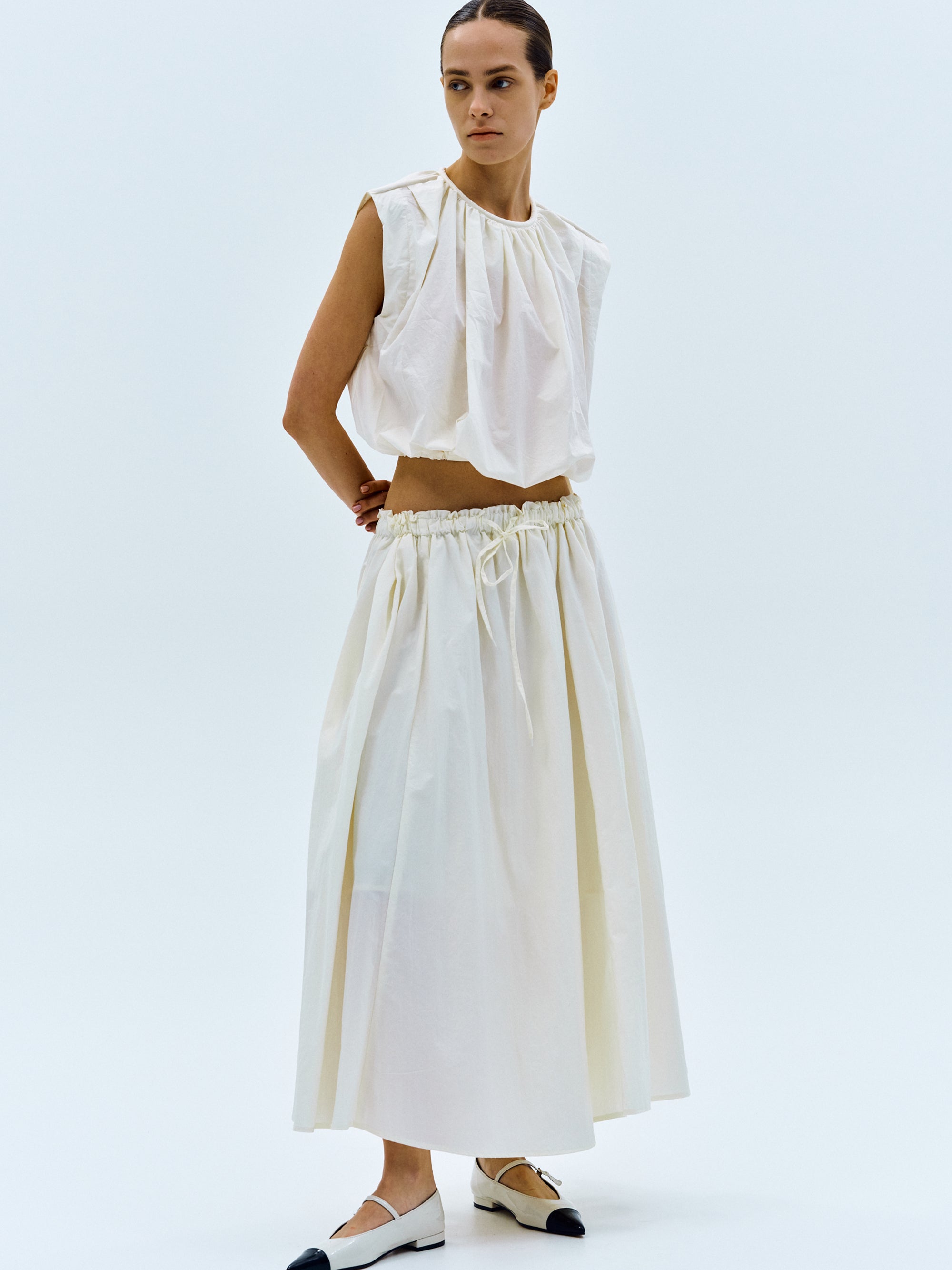 Poplin Drawstring Skirt, Ivory