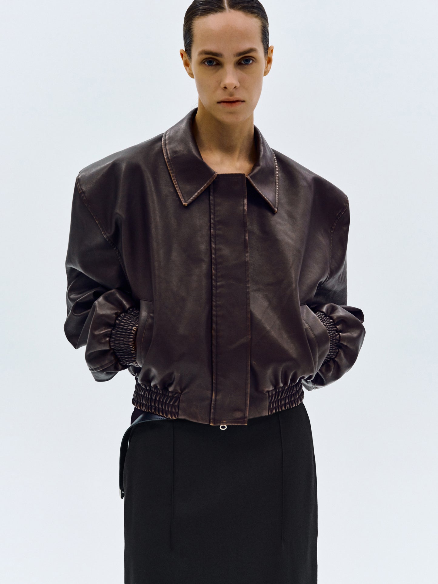 Faded Leather Bomber, Chocolate