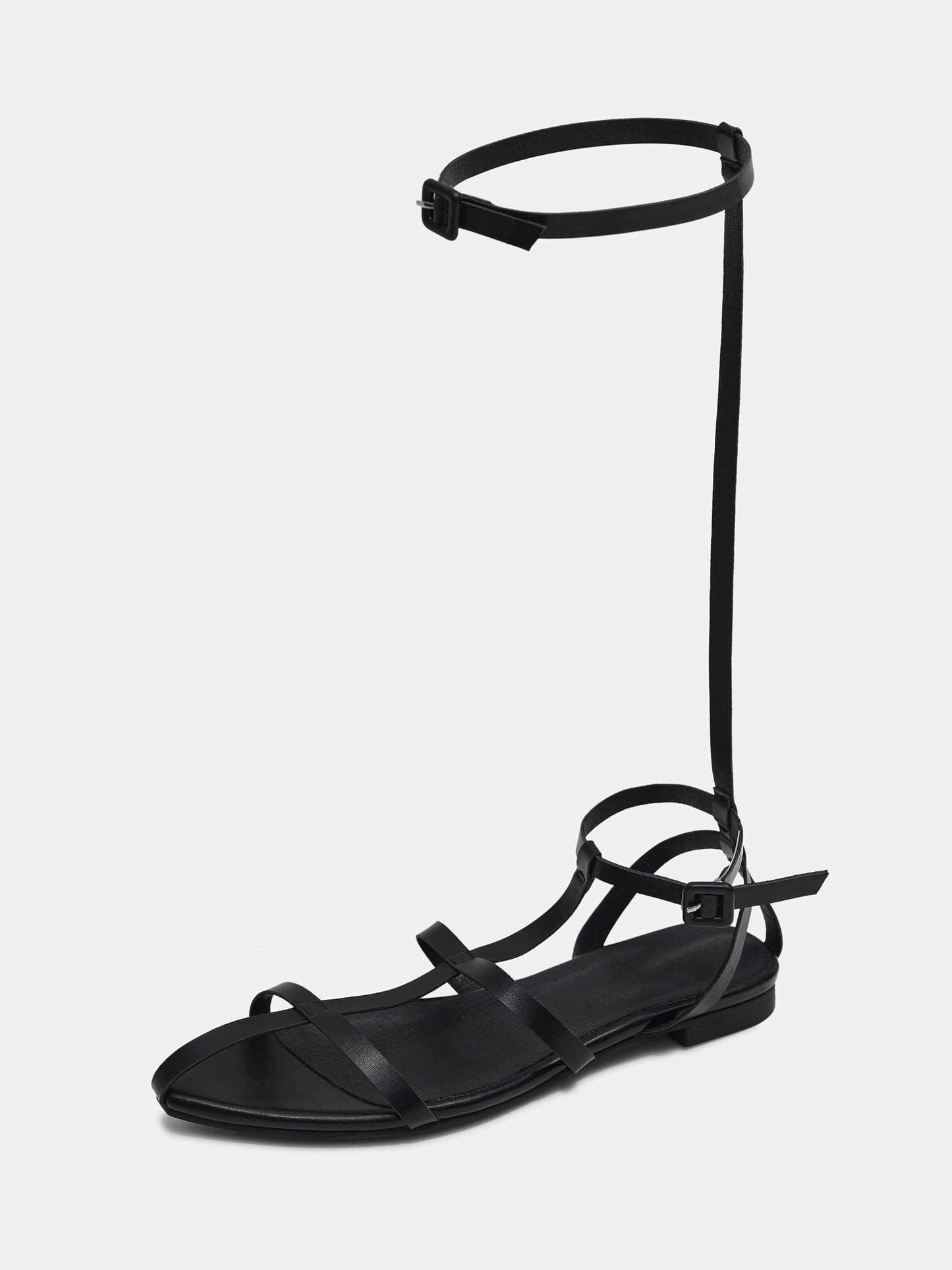 Long Strap Leather Sandals, Black