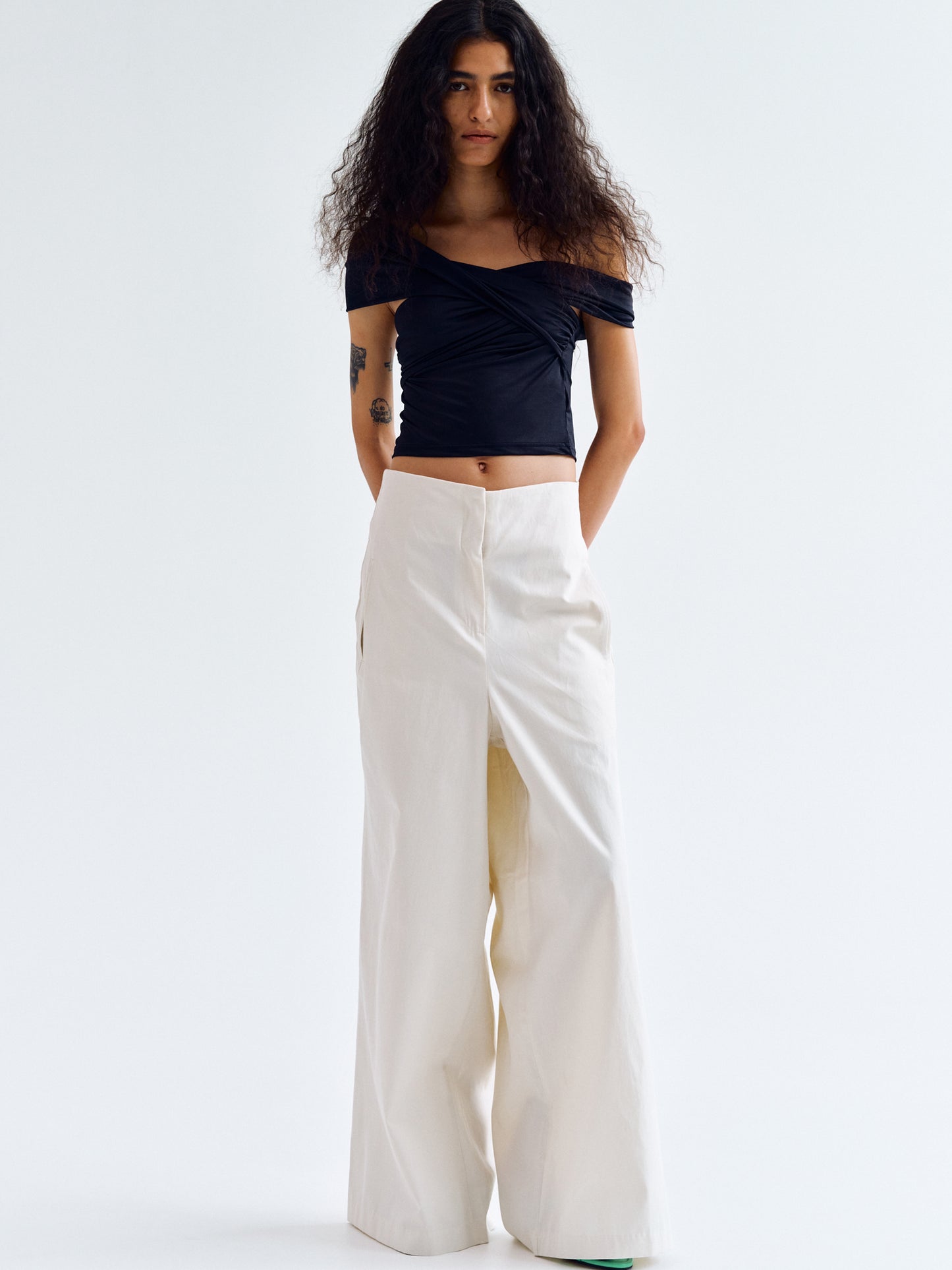 Belted-Back Cotton Pants, Ivory – SourceUnknown