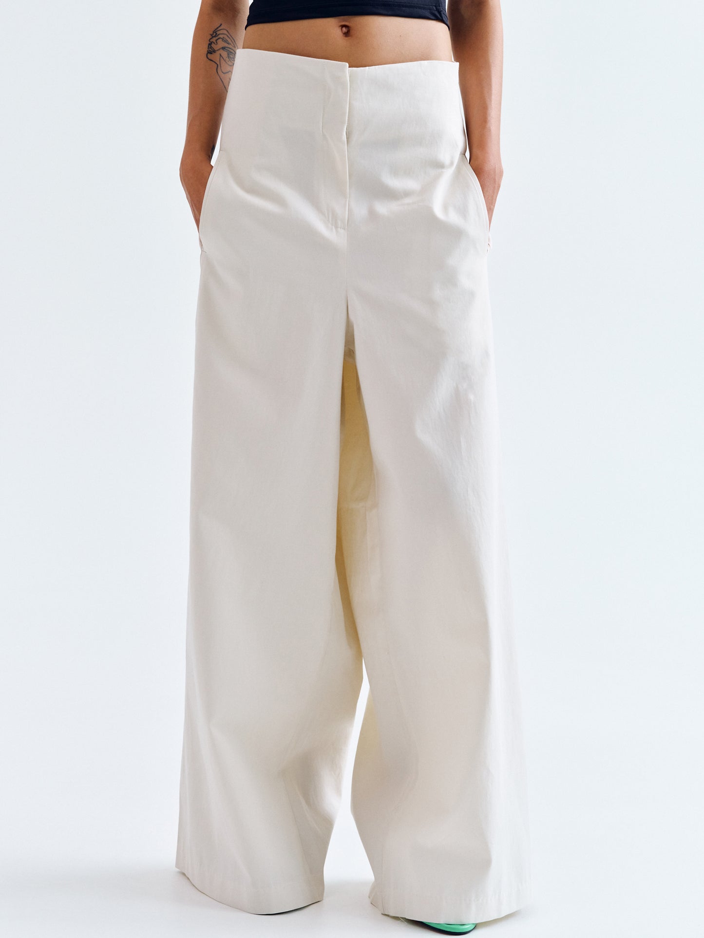 Belted-Back Cotton Pants, Ivory