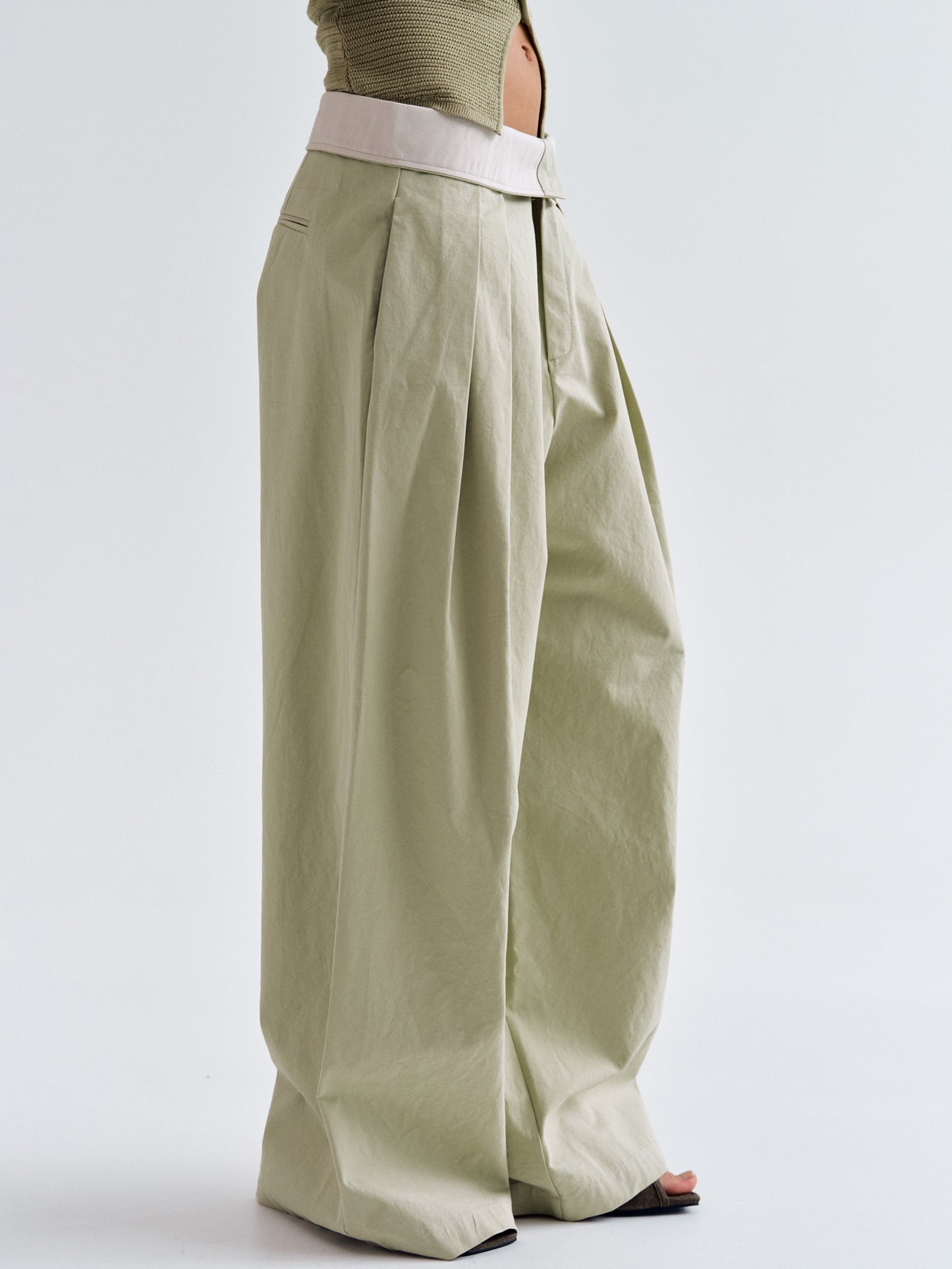 Fold-Over Cotton Pants, Khaki