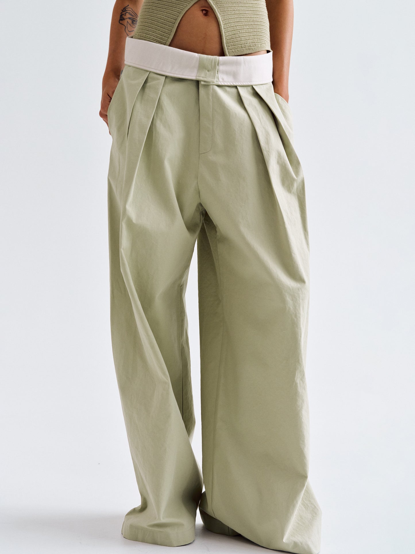 Fold-Over Cotton Pants, Khaki