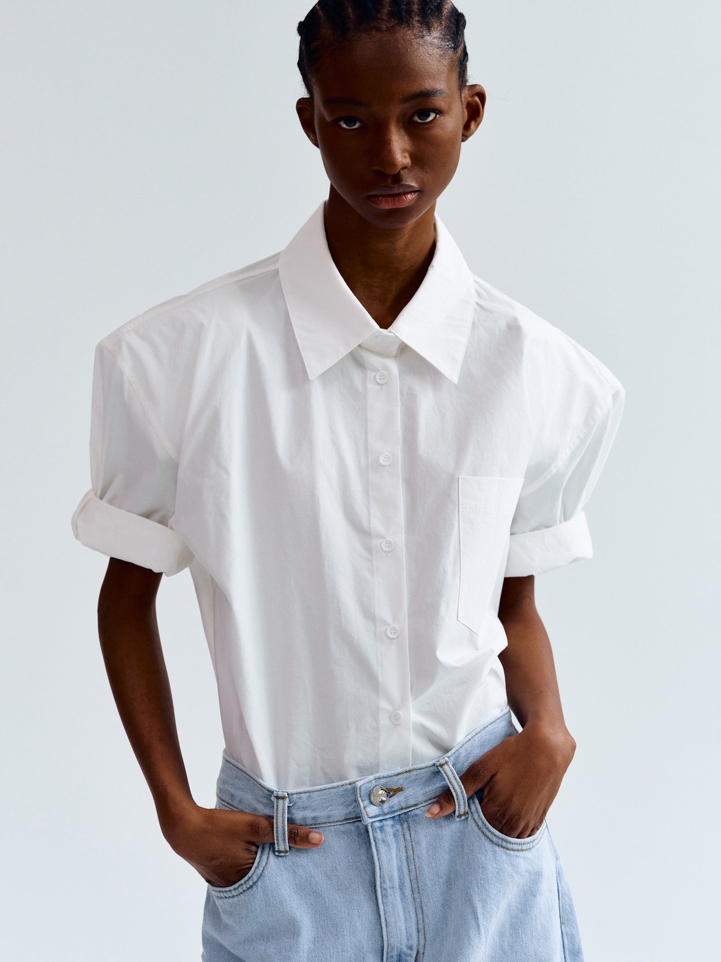 Pad Shoulder Poplin Shirt, White