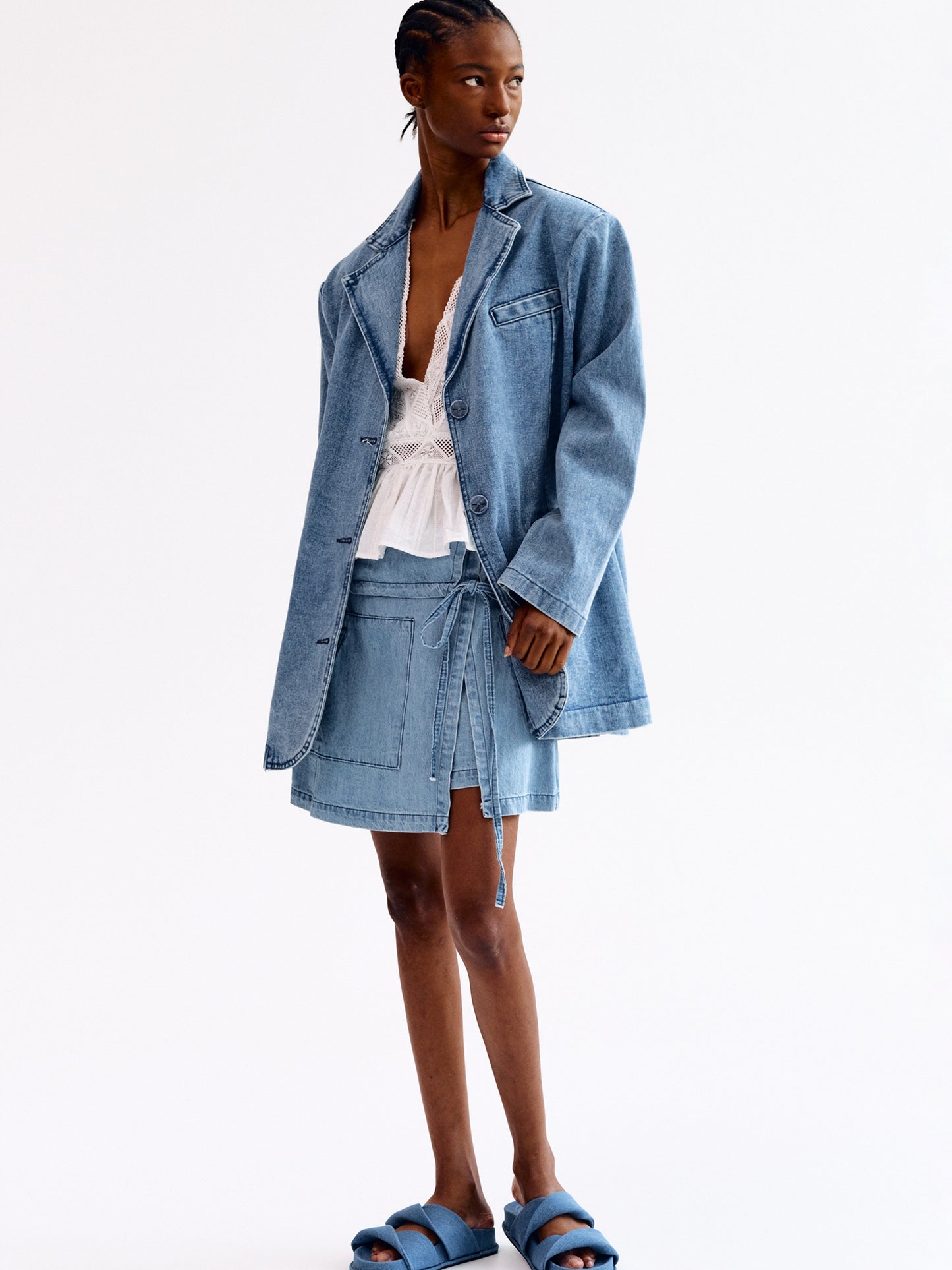 Oversized Denim Blazer, Medium Marbled Indigo