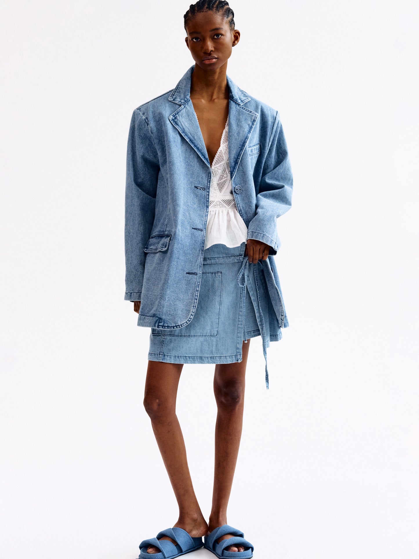 Oversized Denim Blazer, Medium Marbled Indigo