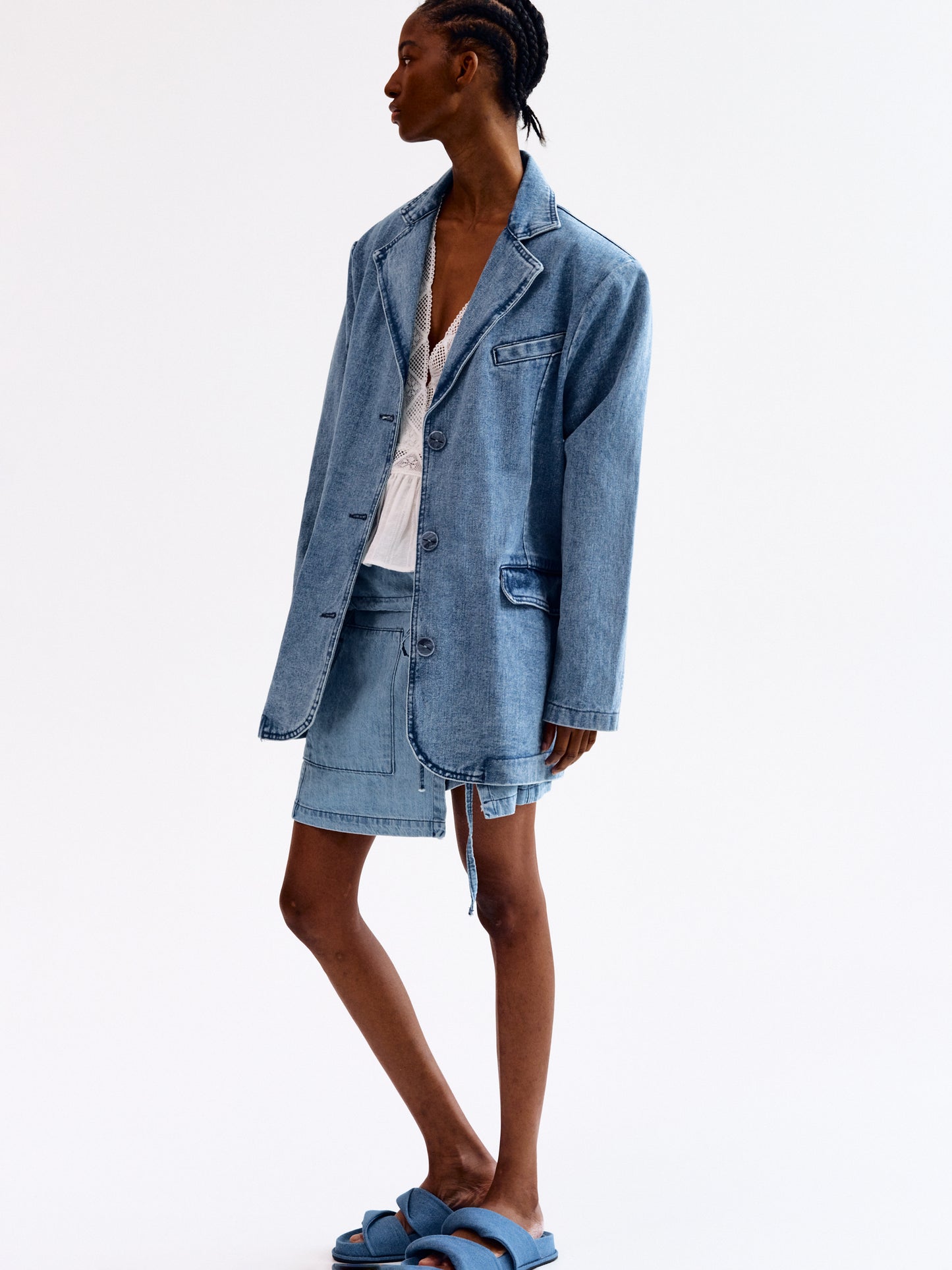 Oversized Denim Blazer, Medium Marbled Indigo