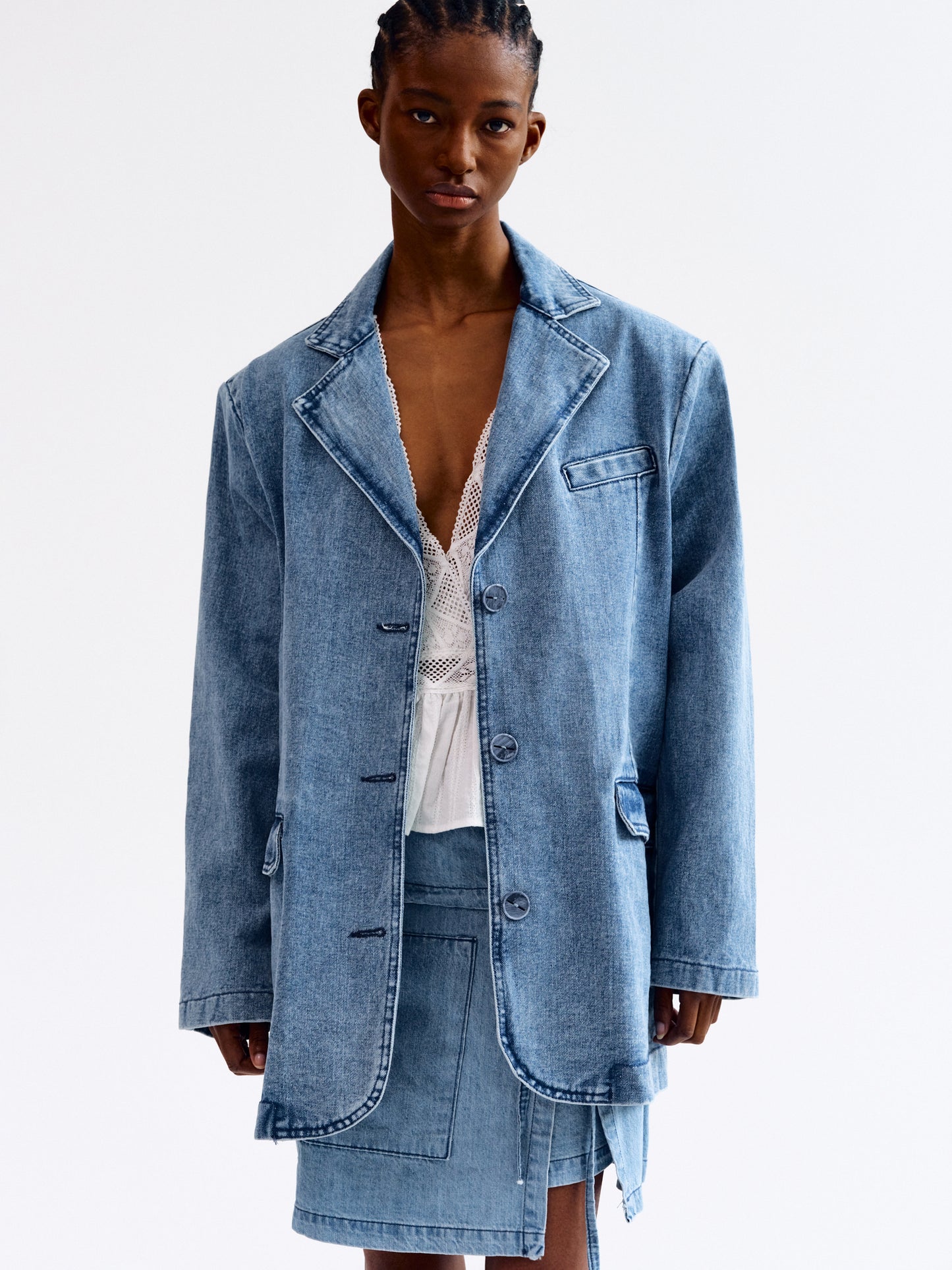 Oversized Denim Blazer, Medium Marbled Indigo