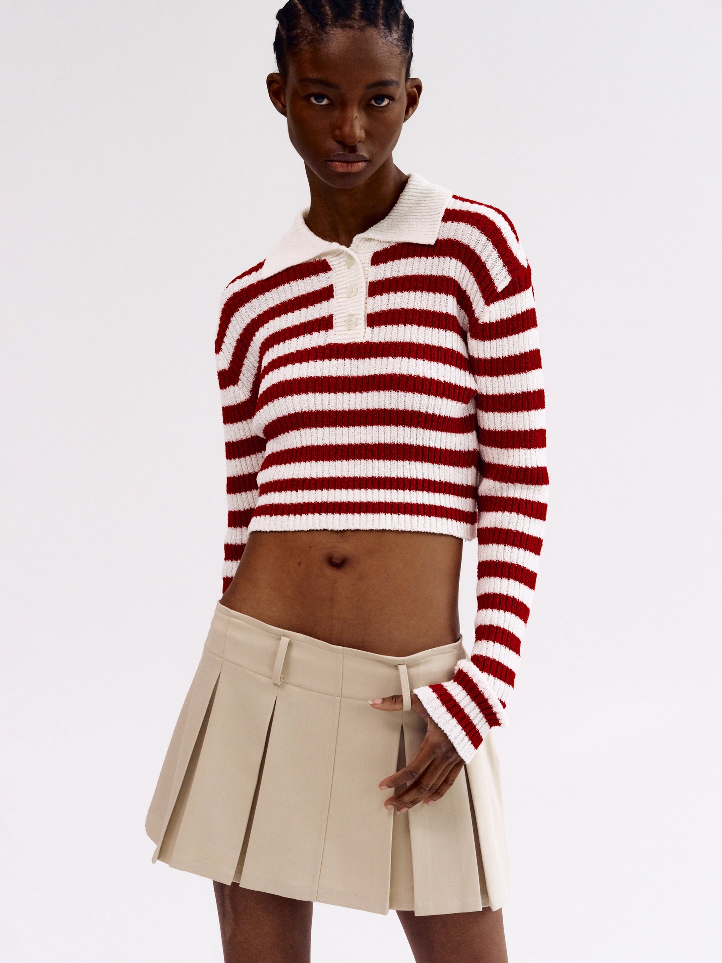 Cropped Stripe Polo, Red
