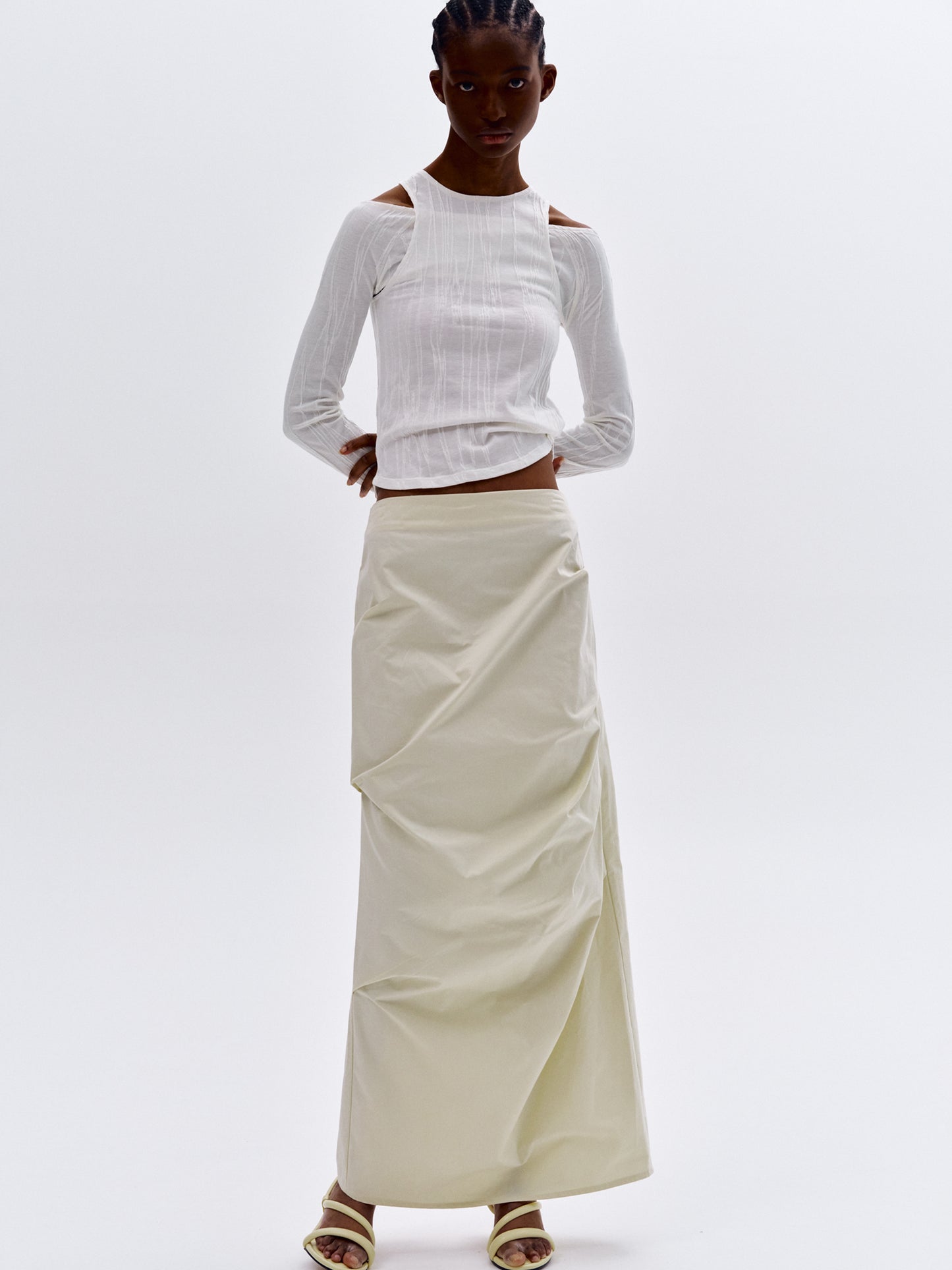Ruched Long Skirt, Cream
