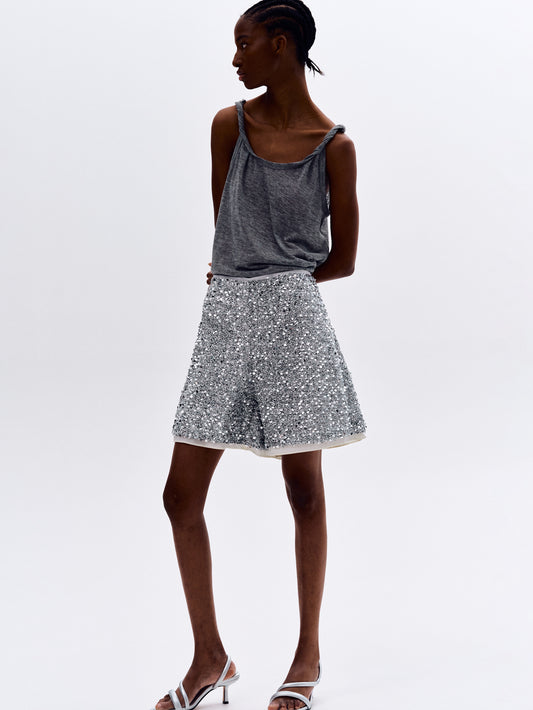 All Over Sequin Shorts, Silver