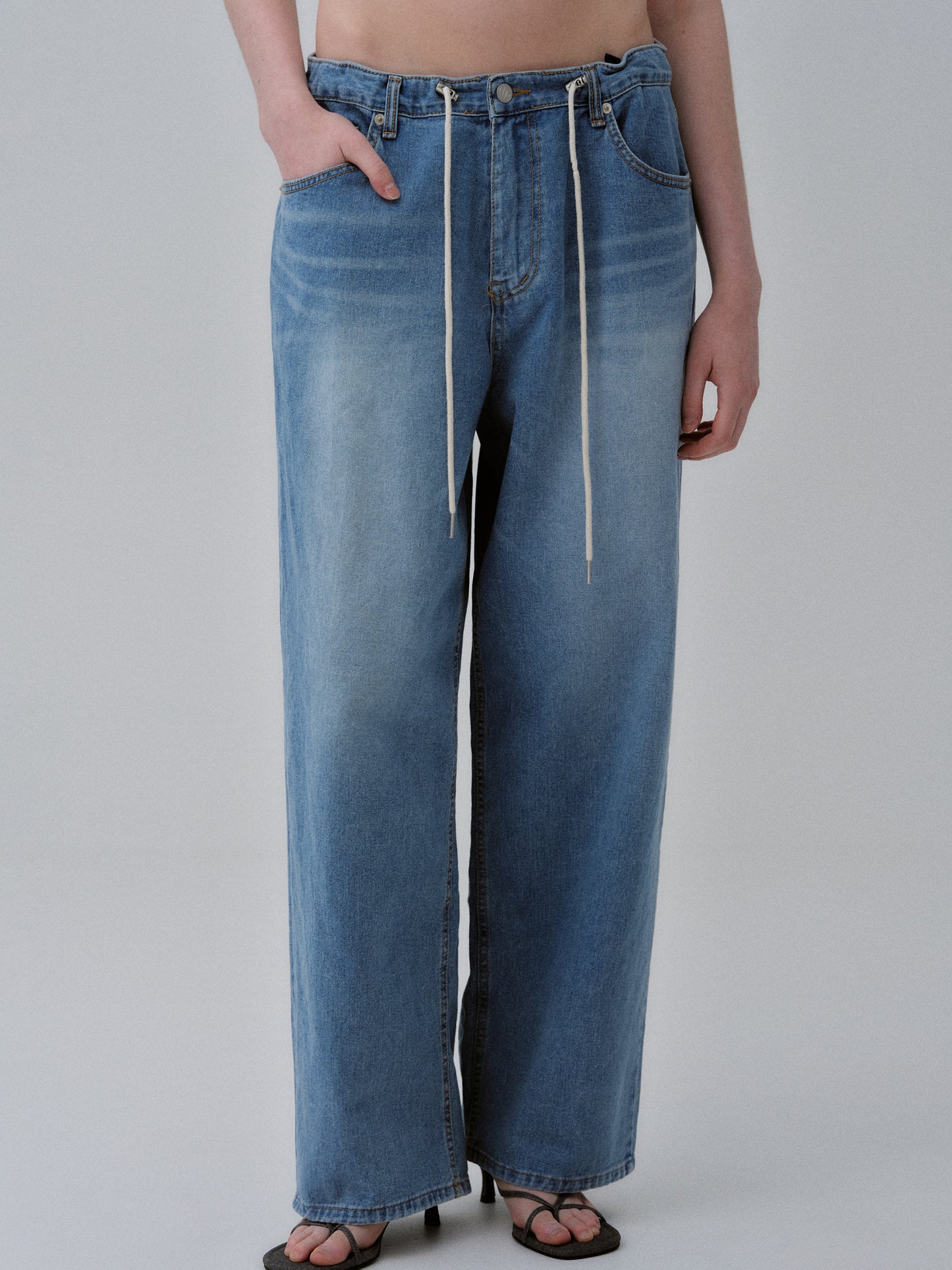 Wide Leg Drawstring Jeans, Medium Blue