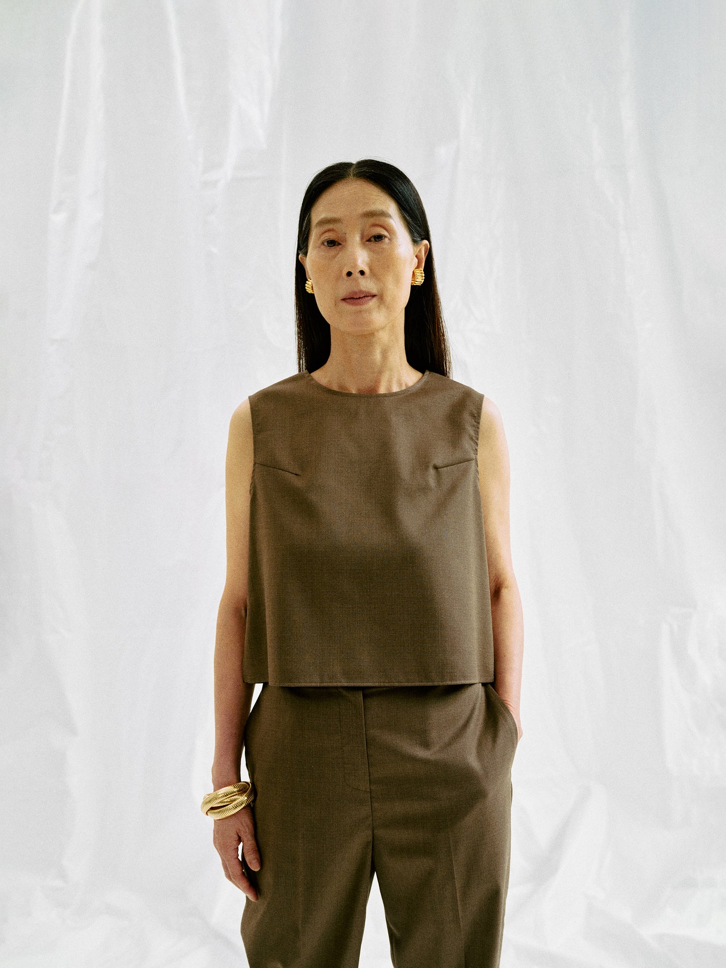 Sleeveless Suit Top, Umber Brown